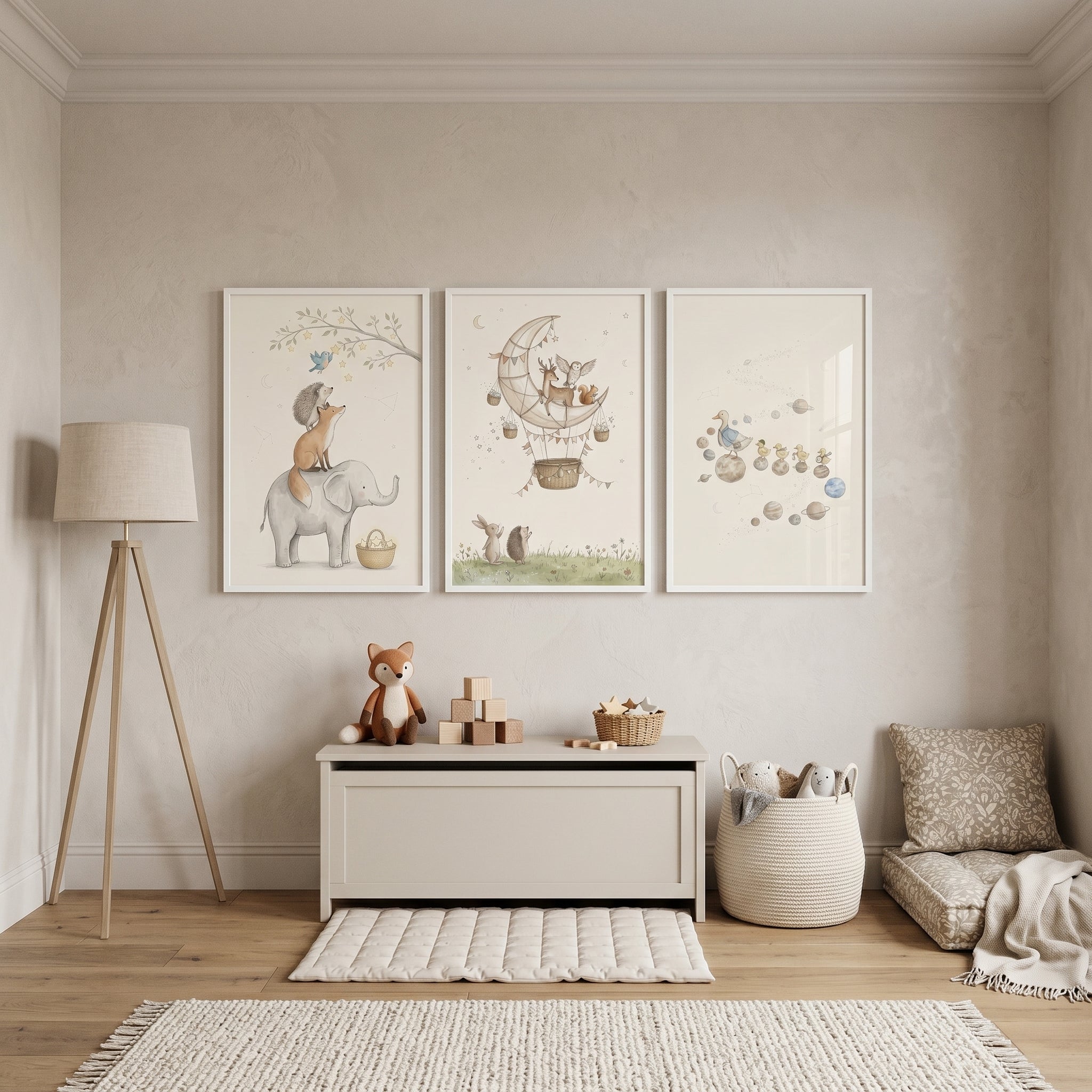 Whimsical Celestial Journey Animals Wall Art Set of 3 - Whimsical Animal Dreams