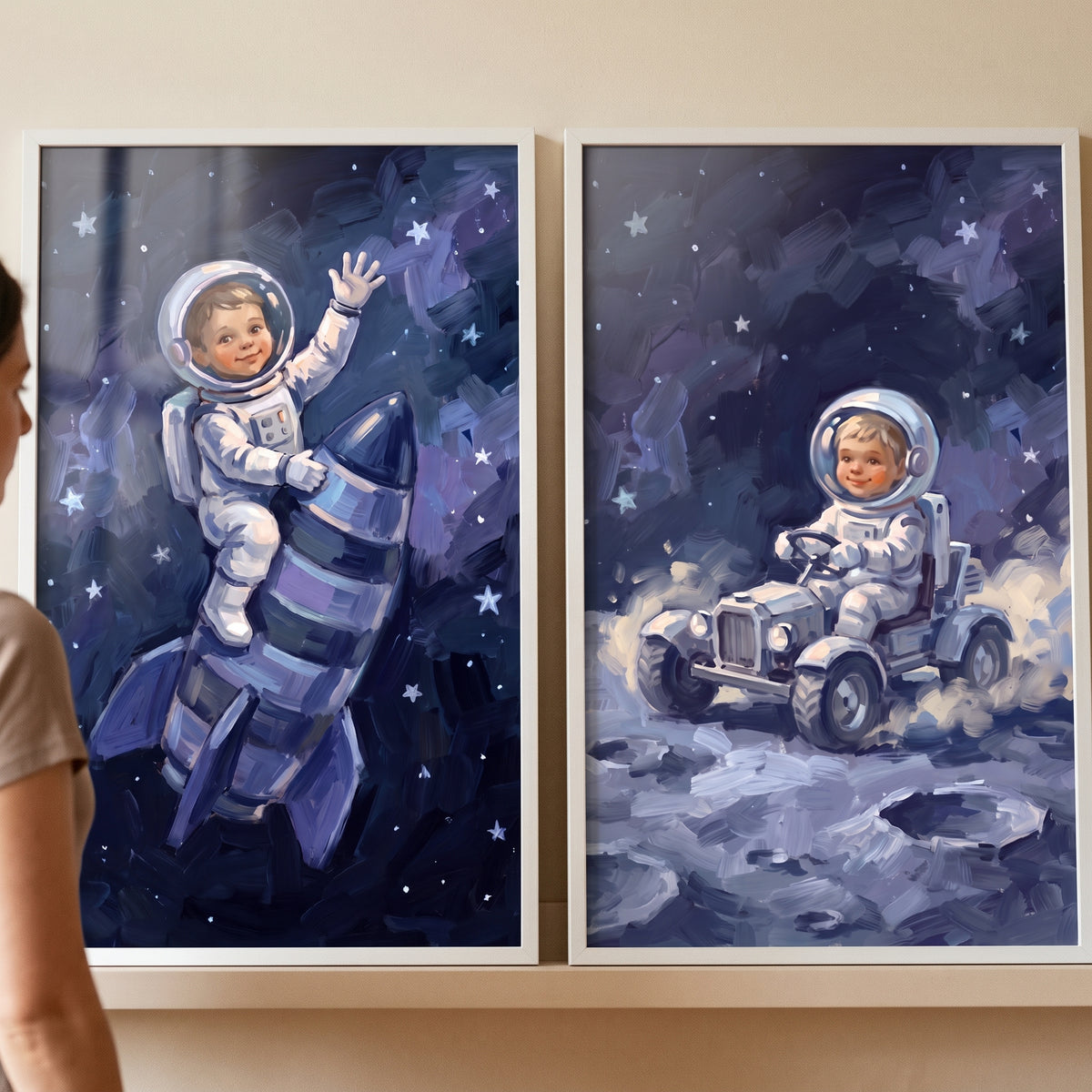 Whimsical celestial toddler astronaut wall art set of 2 with a child on a rocket and driving a lunar rover.