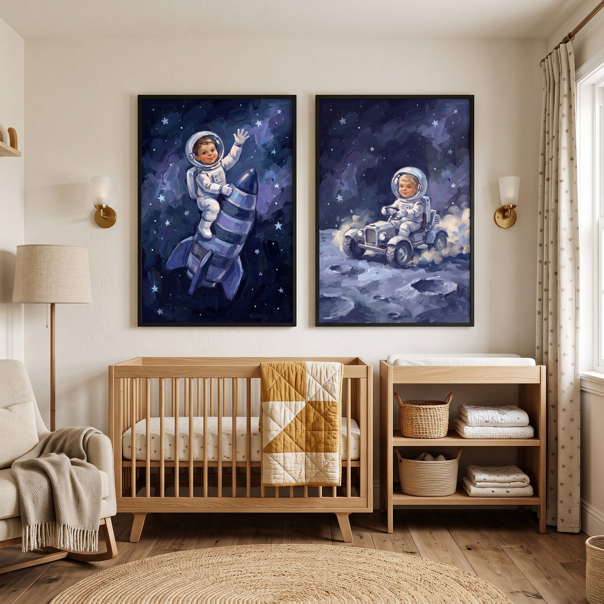 Whimsical Celestial Toddler Astronaut Wall Art Set of 2 - Rocket Rider Dreams