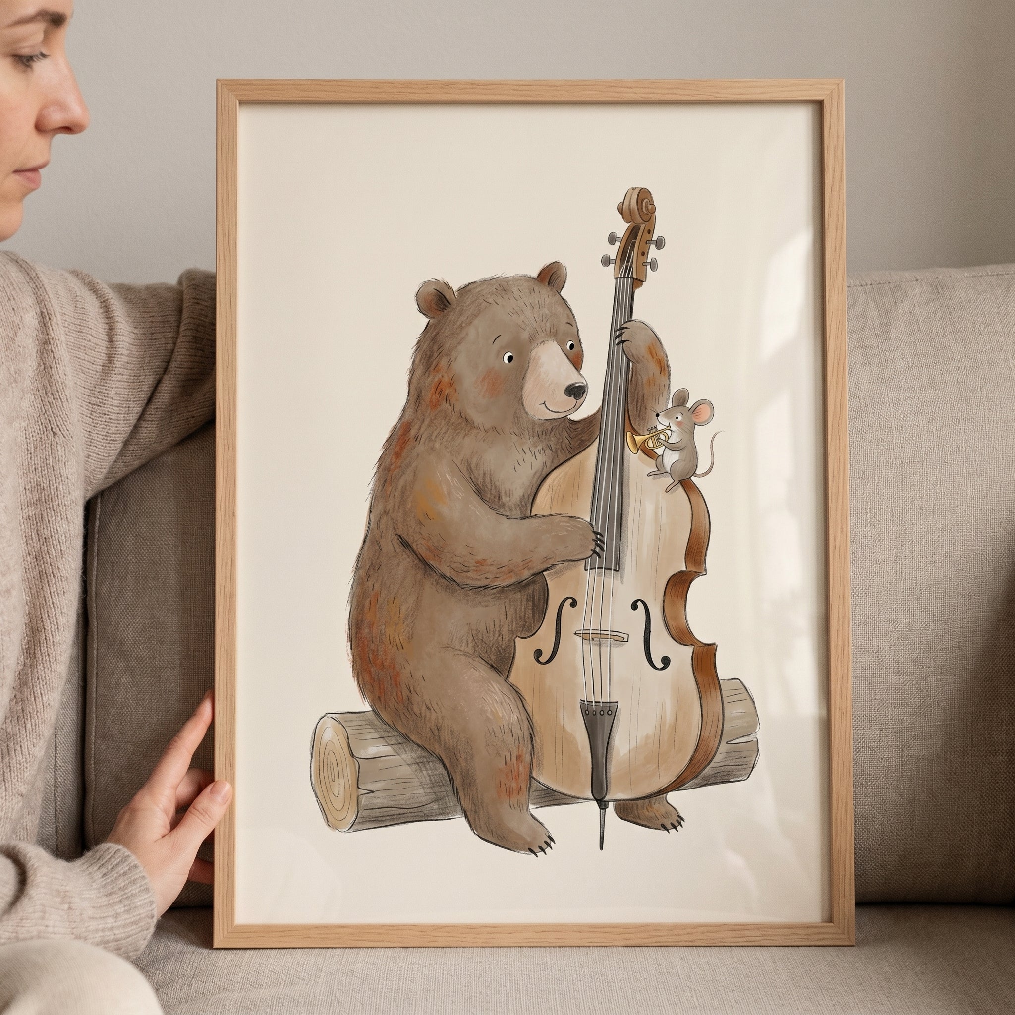 Whimsical Cello Playing Bear Wall Art - Woodland Melody Makers