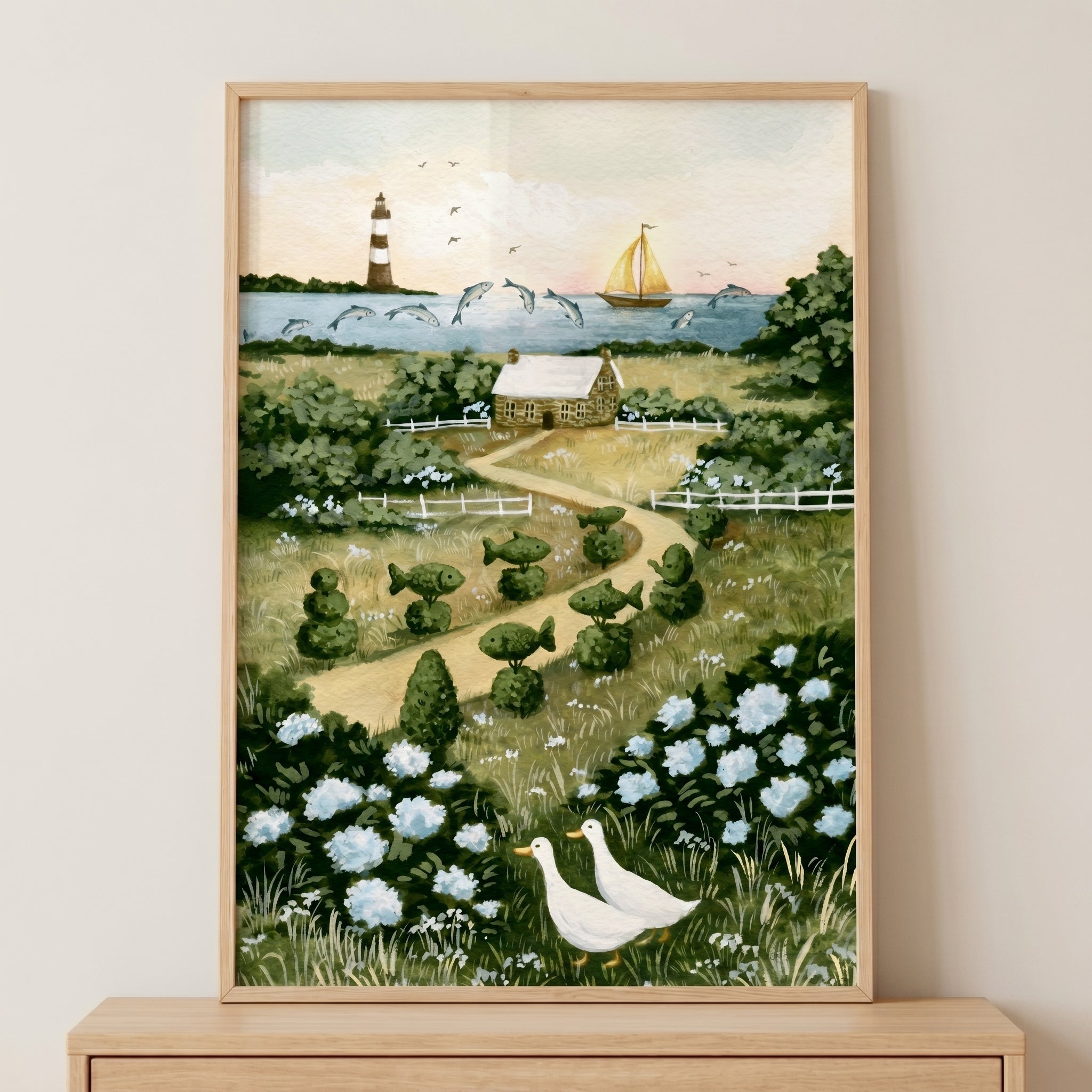 Whimsical Coastal Garden Landscape Wall Art - Whimsical Coastal Cottage