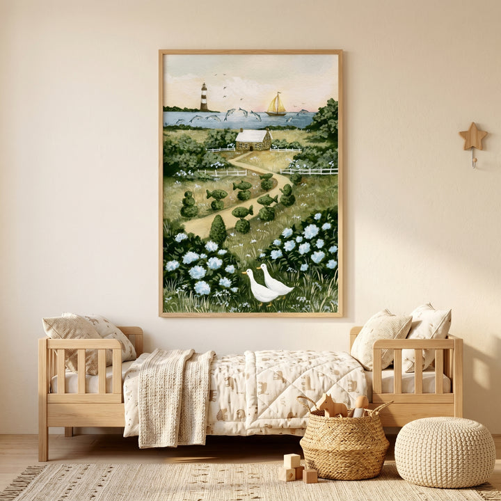 Whimsical coastal garden landscape wall art featuring ducks and a lighthouse above a wooden bed with neutral bedding.