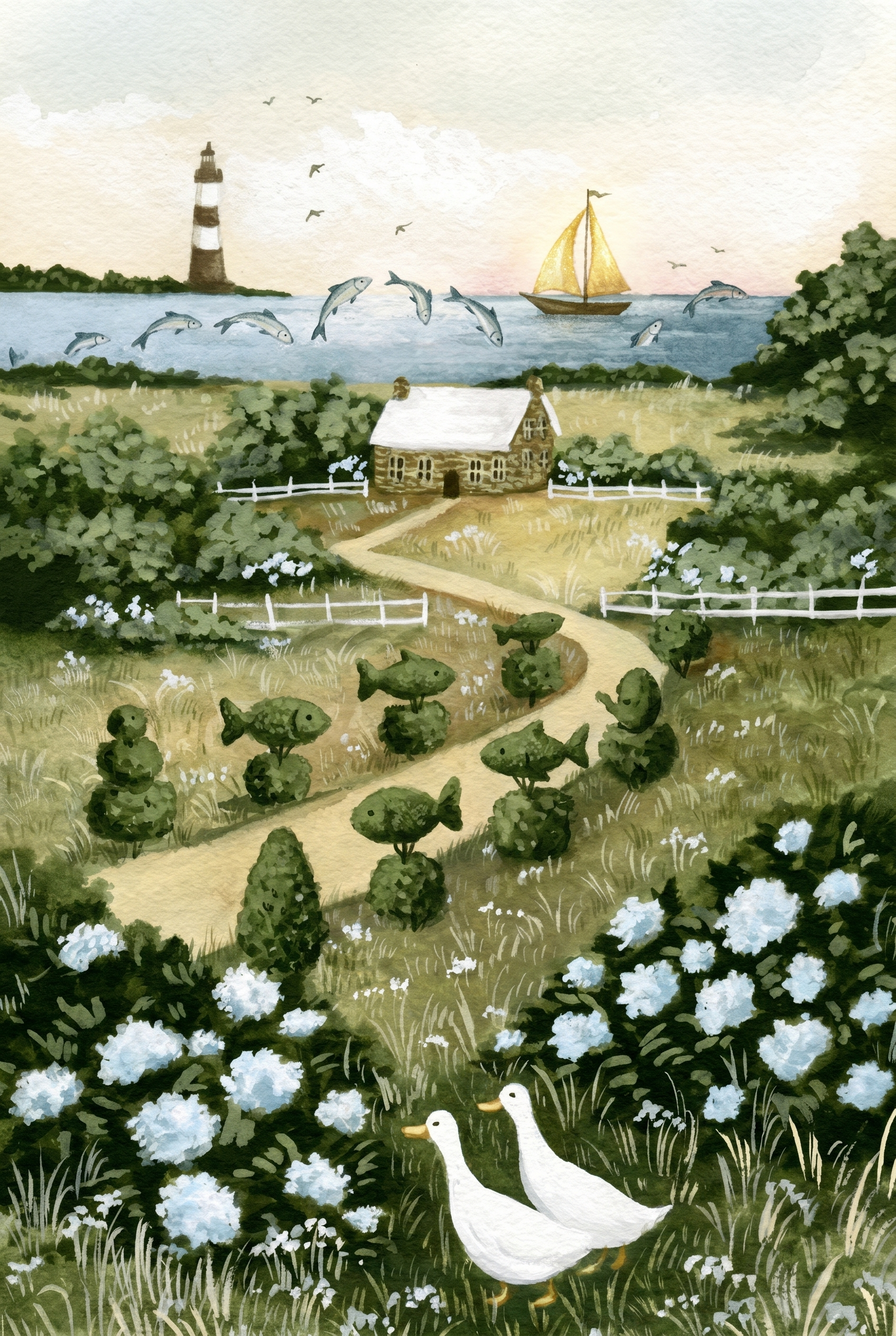 Whimsical Coastal Garden Landscape Wall Art - Whimsical Coastal Cottage