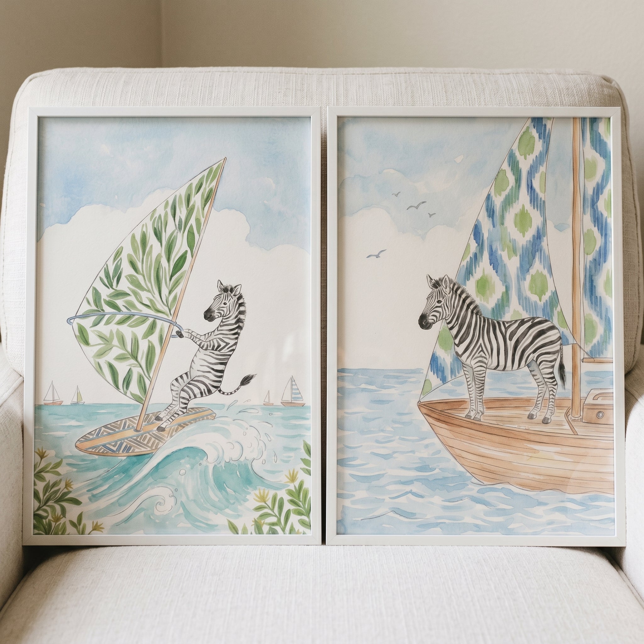 Whimsical Coastal Nautical Zebra Wall Art Set of 2 - Zebra Ocean Adventure