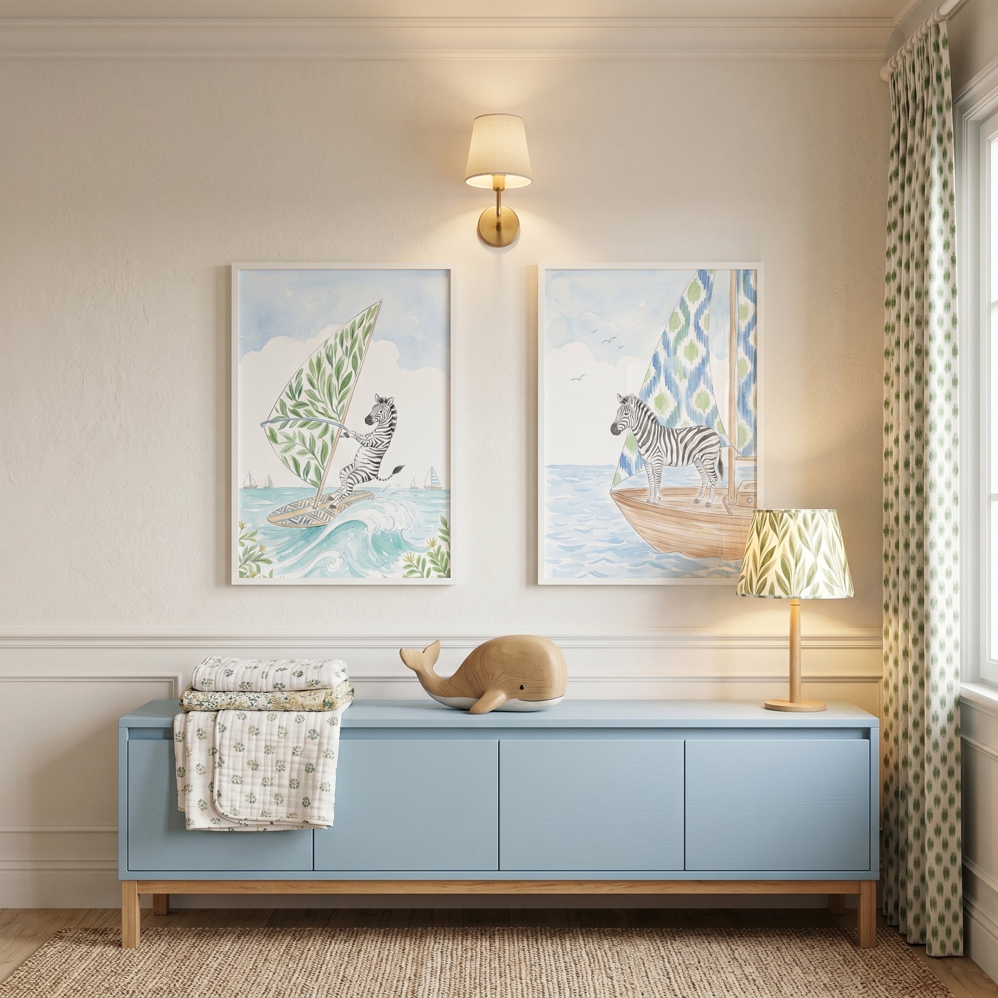 Whimsical Coastal Nautical Zebra Wall Art Set of 2 - Zebra Ocean Adventure