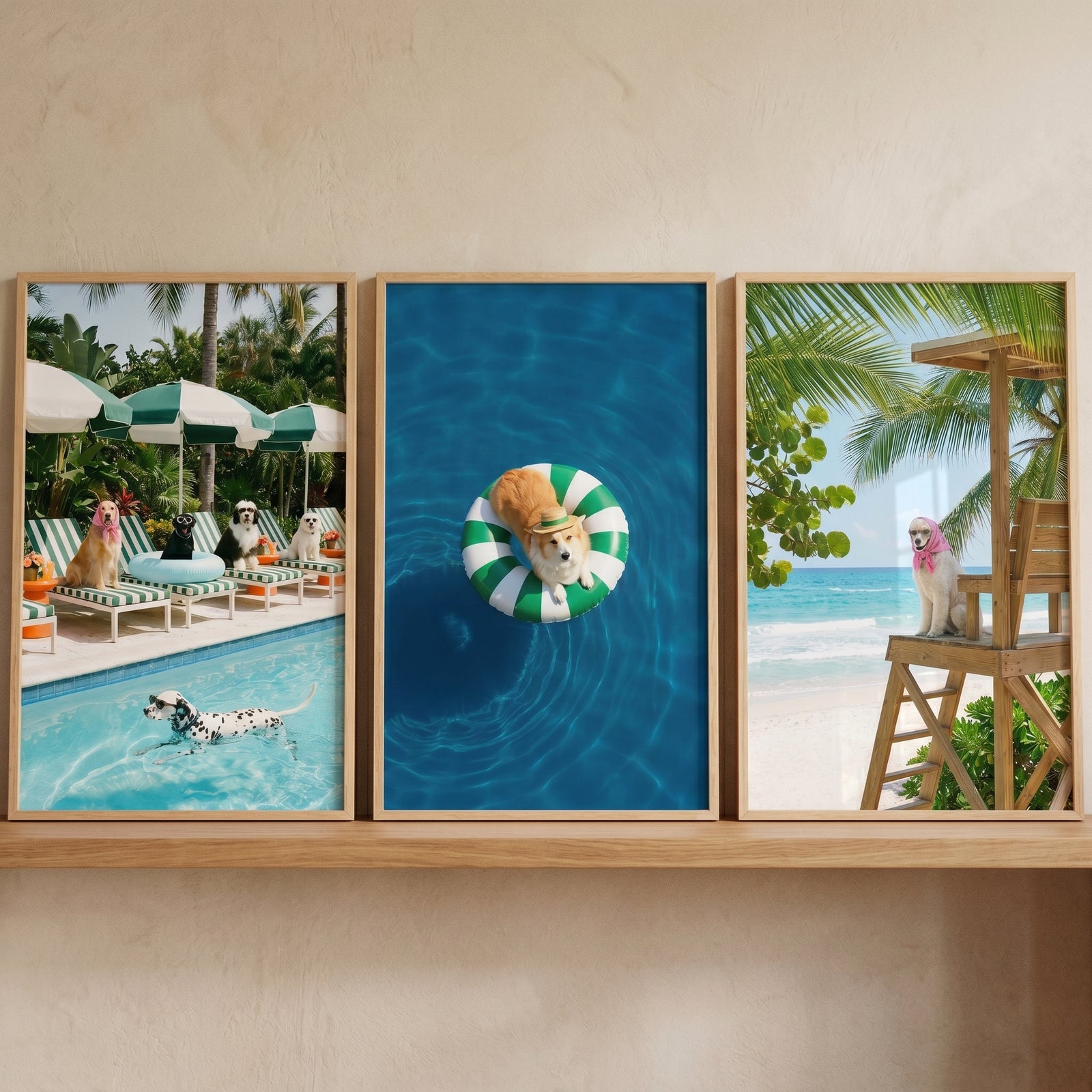 Whimsical coastal summer dog wall art set of 3 on a shelf: dogs at a pool, in a floatie, and on a beach lifeguard stand.