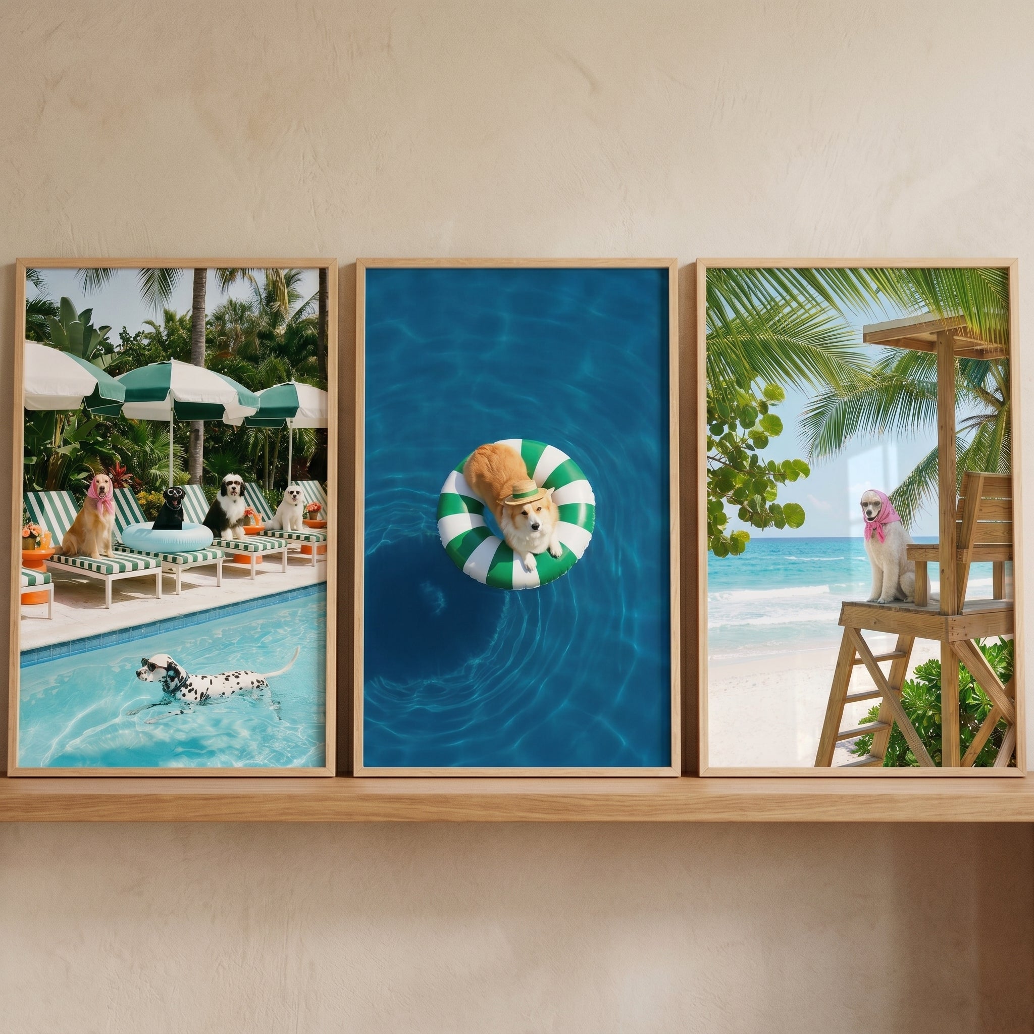 Whimsical Coastal Summer Dog Wall Art Set of 3 - Tropical Dog Days