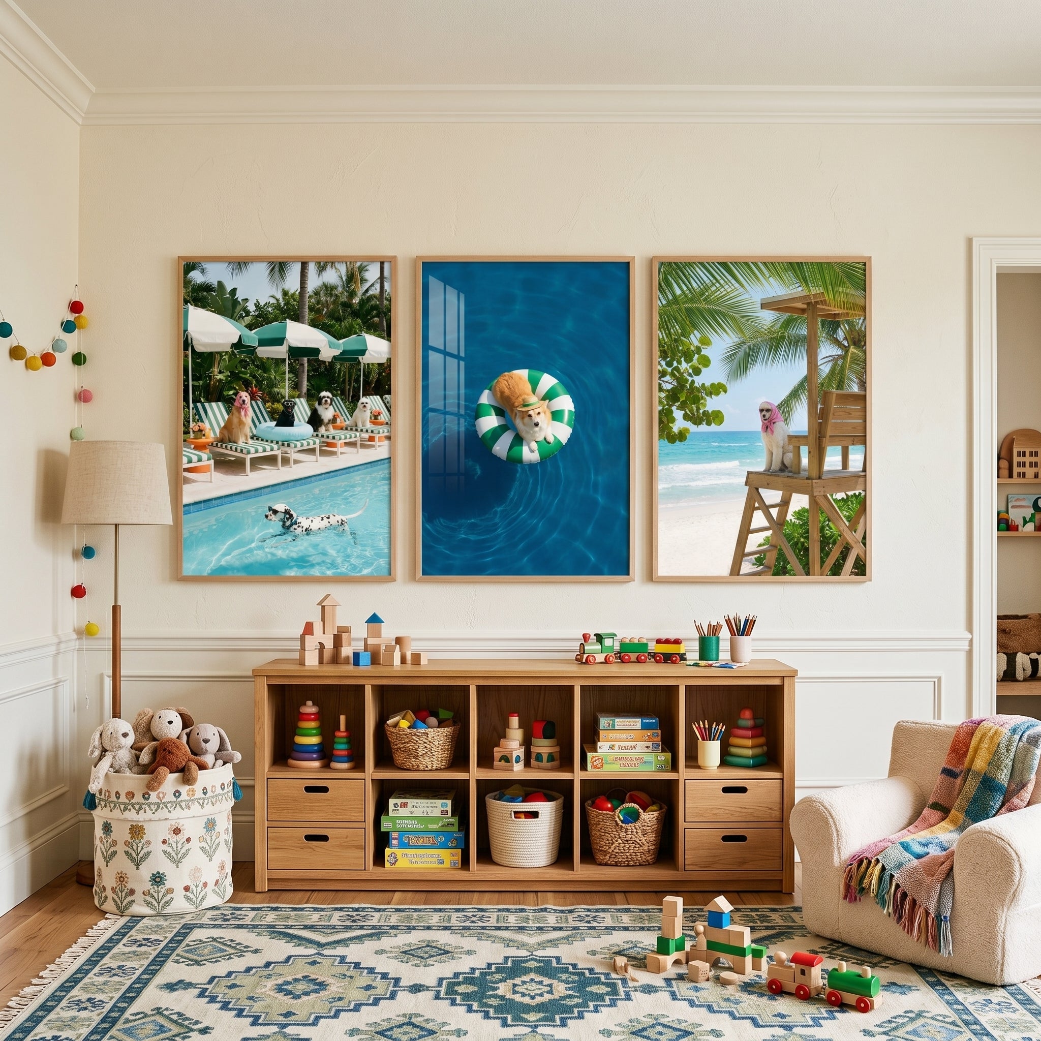 Whimsical Coastal Summer Dog Wall Art Set of 3 - Tropical Dog Days