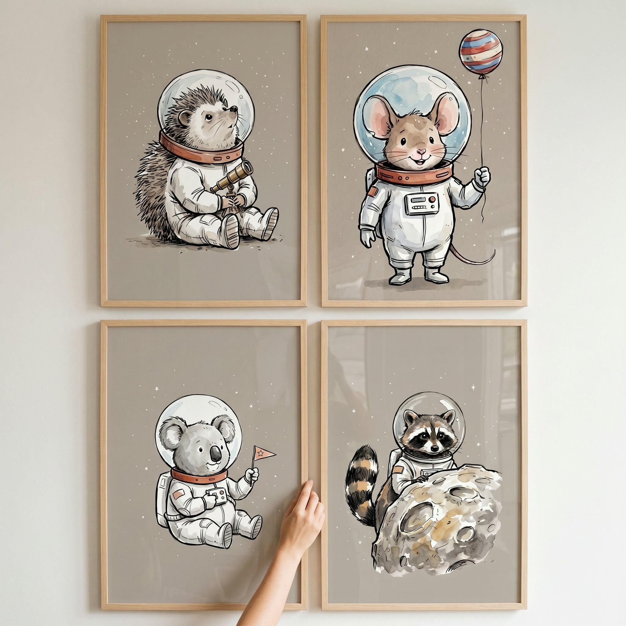 Whimsical Cosmic Explorer Animal Wall Art Set of 4 - Little Space Explorers