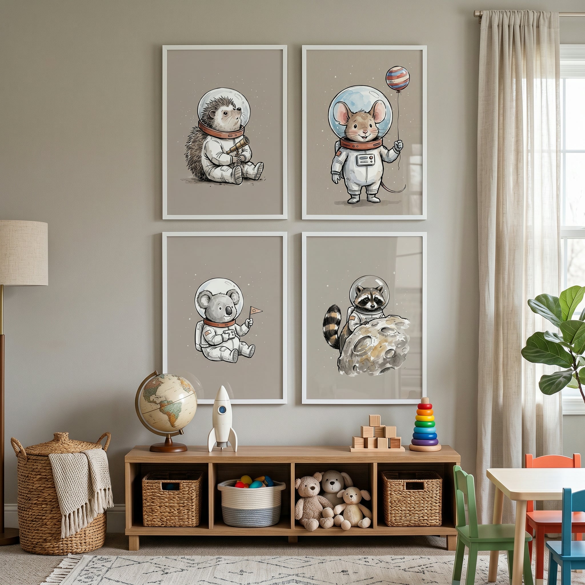 Whimsical Cosmic Explorer Animal Wall Art Set of 4 - Little Space Explorers