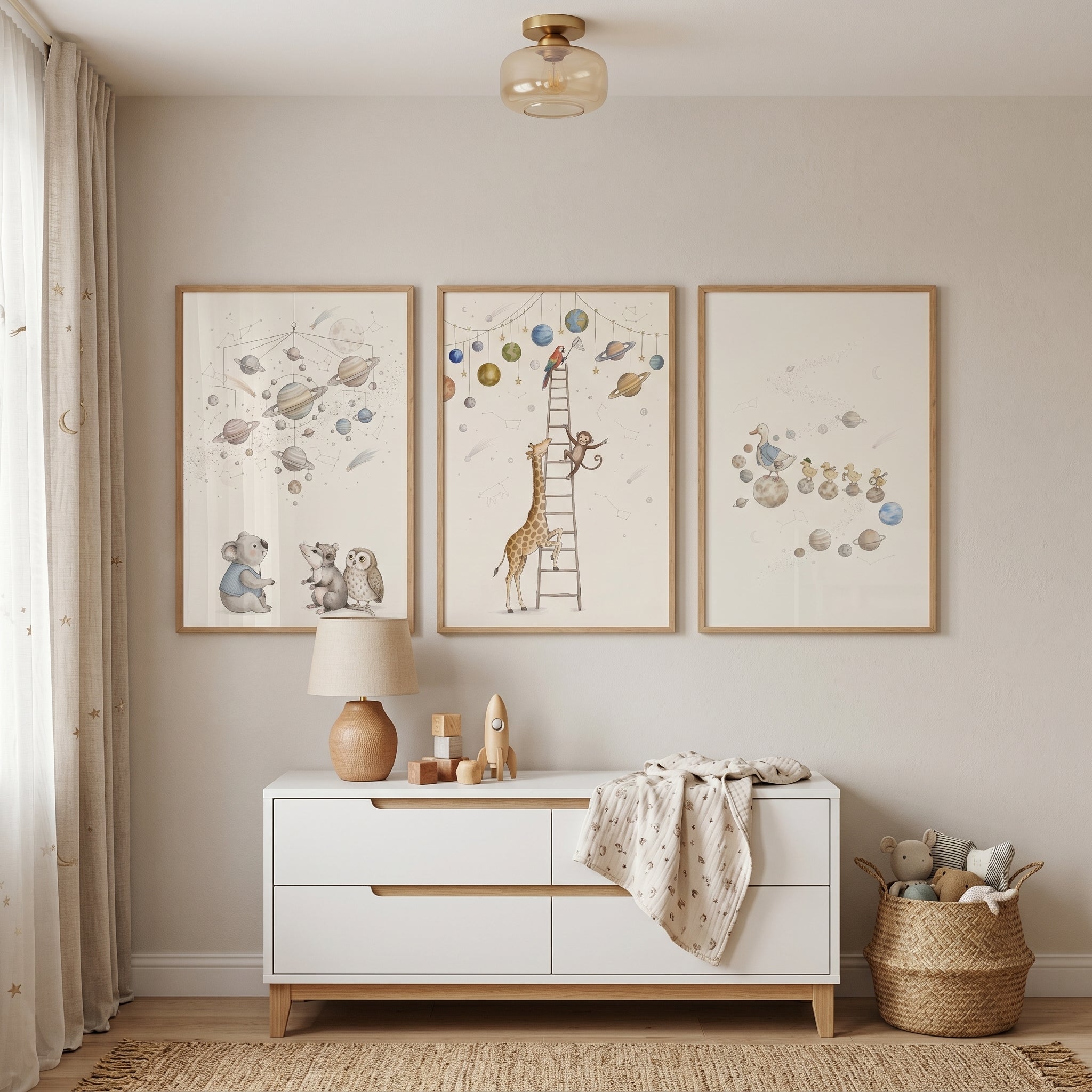Whimsical Cosmic Watercolor Animals Artwork Set of 3 - Starry Nursery Journey