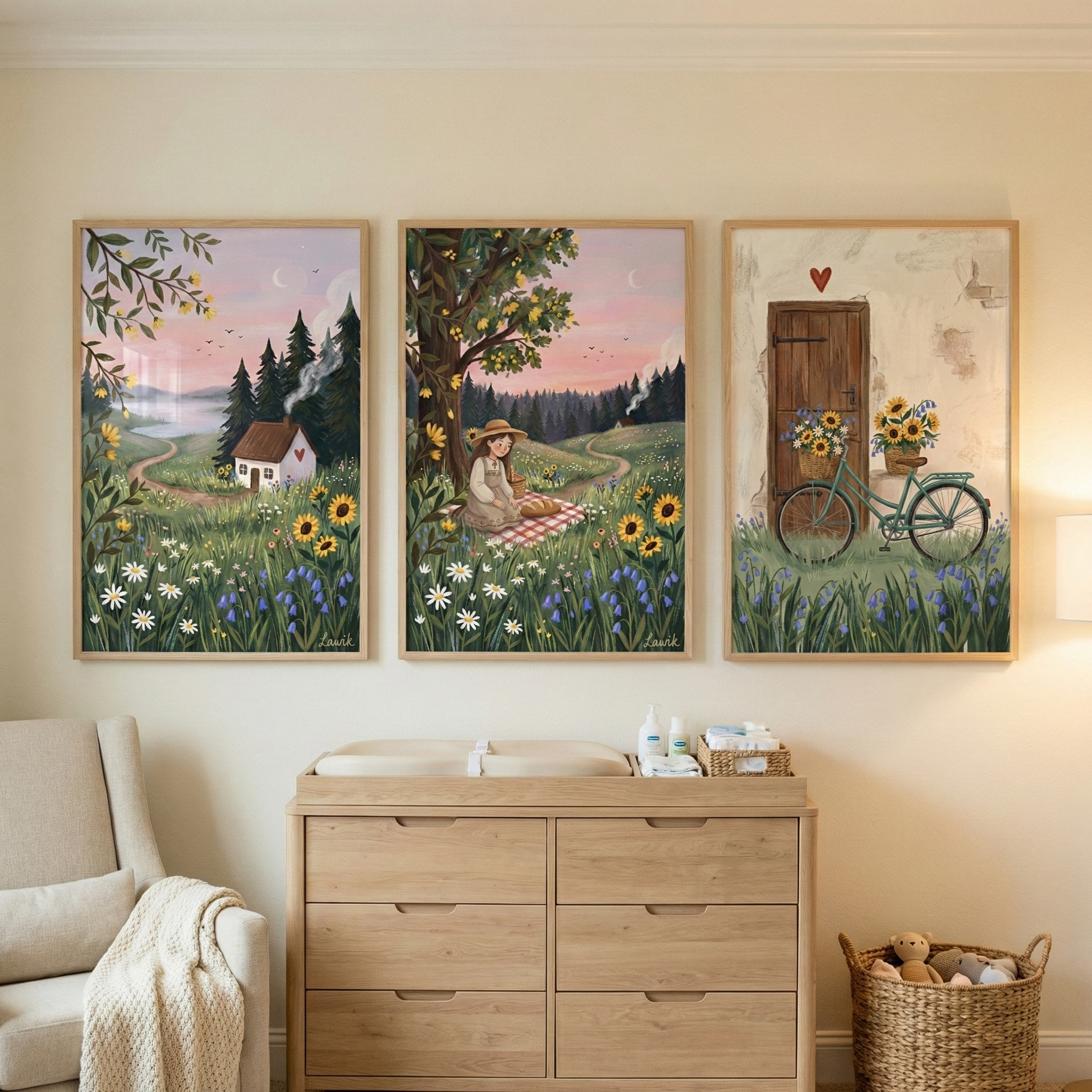 Whimsical Cottage Print Set of 3 - Meadow Sunset Dreams