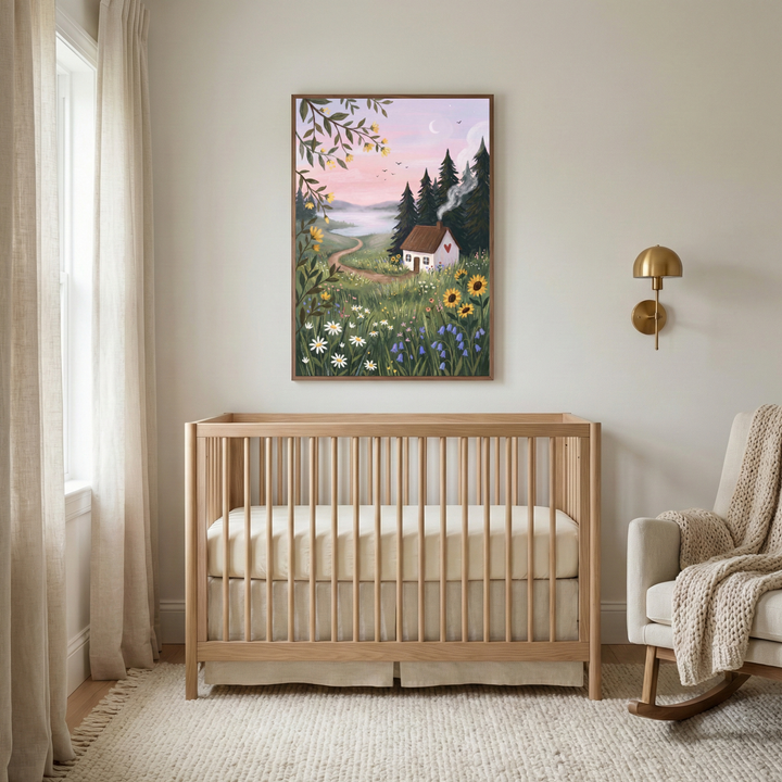 Calm nursery with a light wood crib, neutral rug, soft curtains, and a rocking chair with a knitted blanket. Above the crib hangs a framed countryside illustration of a small white cottage with a red heart, surrounded by wildflowers and pine trees beside a winding path under a pink sky with birds and a crescent moon.