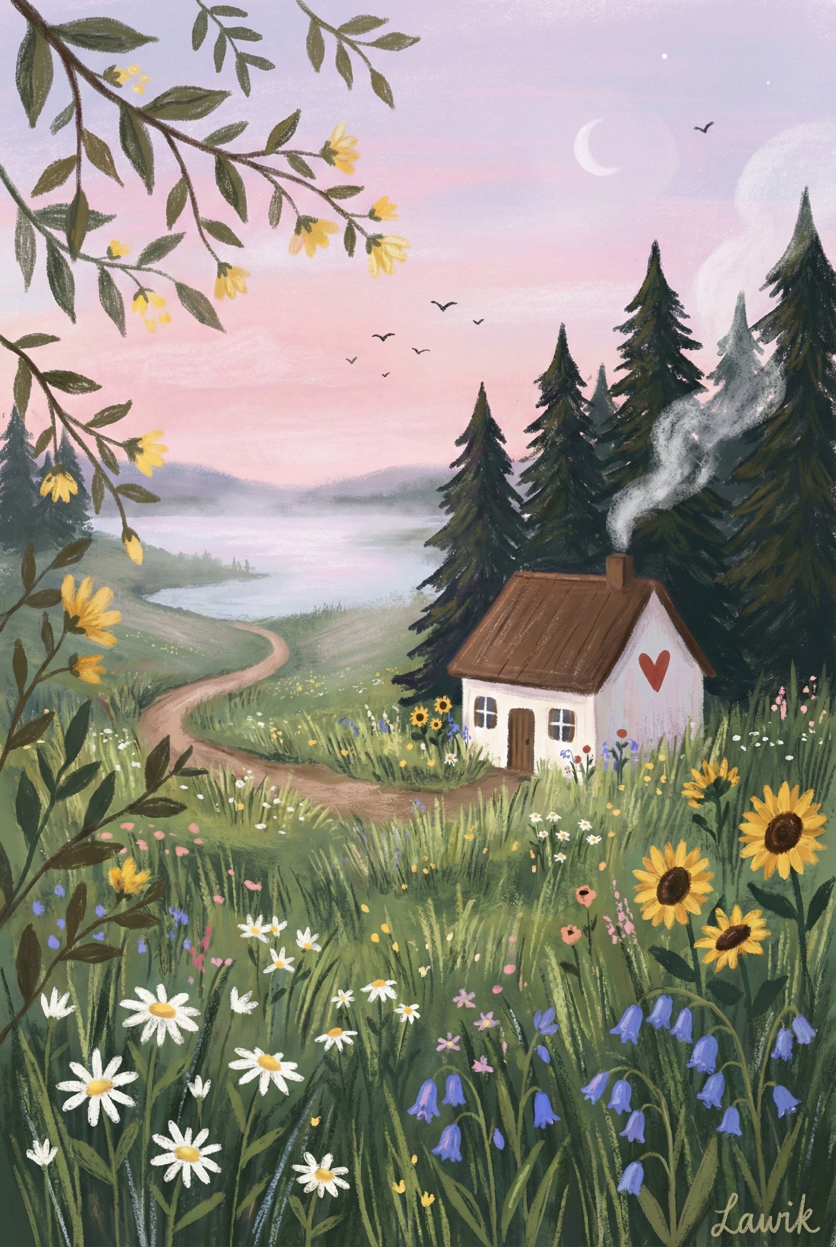A whimsical illustration of a small white cottage nestled in a lush wildflower meadow. The cottage features a brown roof, a small wooden door, and a bright red heart on its side wall, with a wisp of smoke rising from the chimney. A winding dirt path leads from the house toward a misty lake and rolling hills in the background. The scene is set under a soft pink and purple twilight sky with a crescent moon. The meadow is filled with colorful flowers, including sunflowers, daisies, and bluebells.
