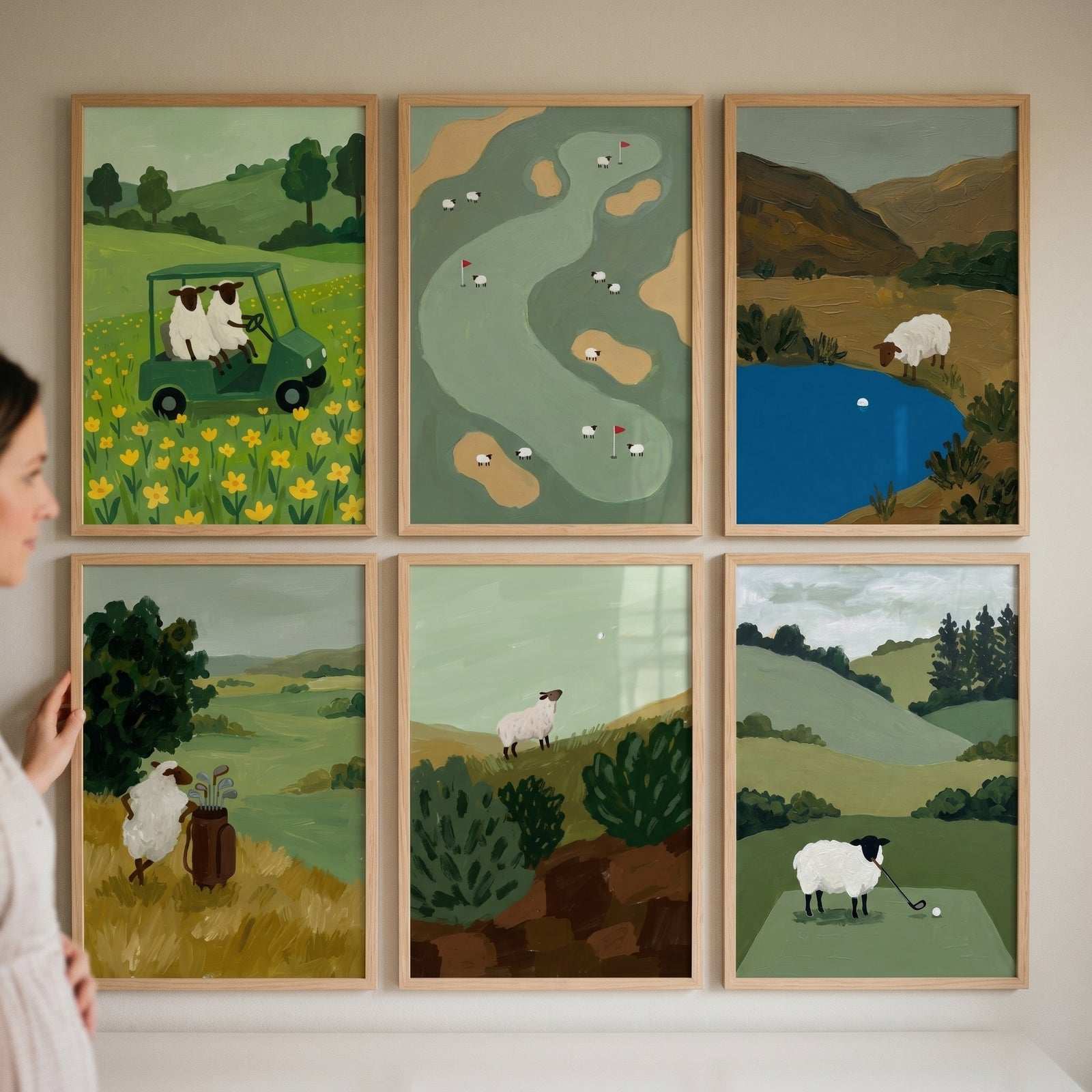 Whimsical country golfing sheep wall art set of 6 features the animals in golf carts and on greens across scenic hills.