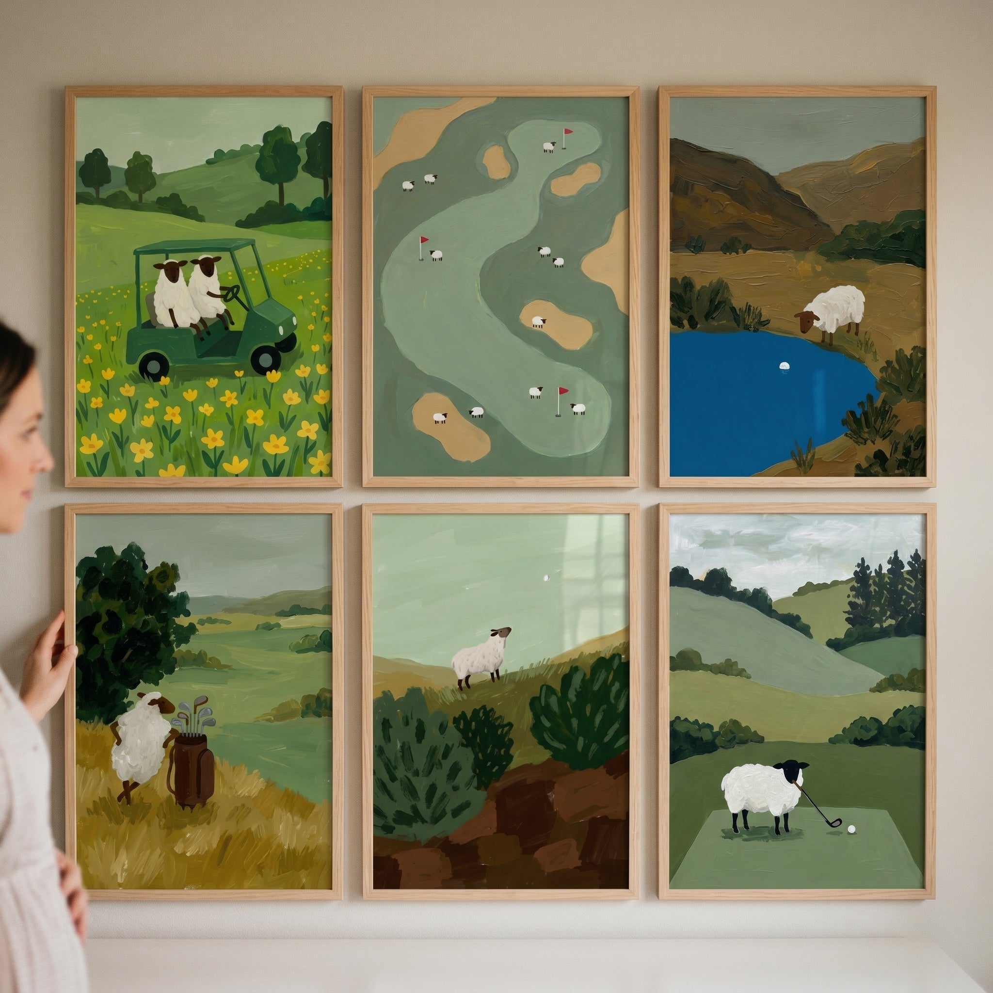 Whimsical Country Golfing Sheep Wall Art Set of 6 - Woolly Golf Adventures