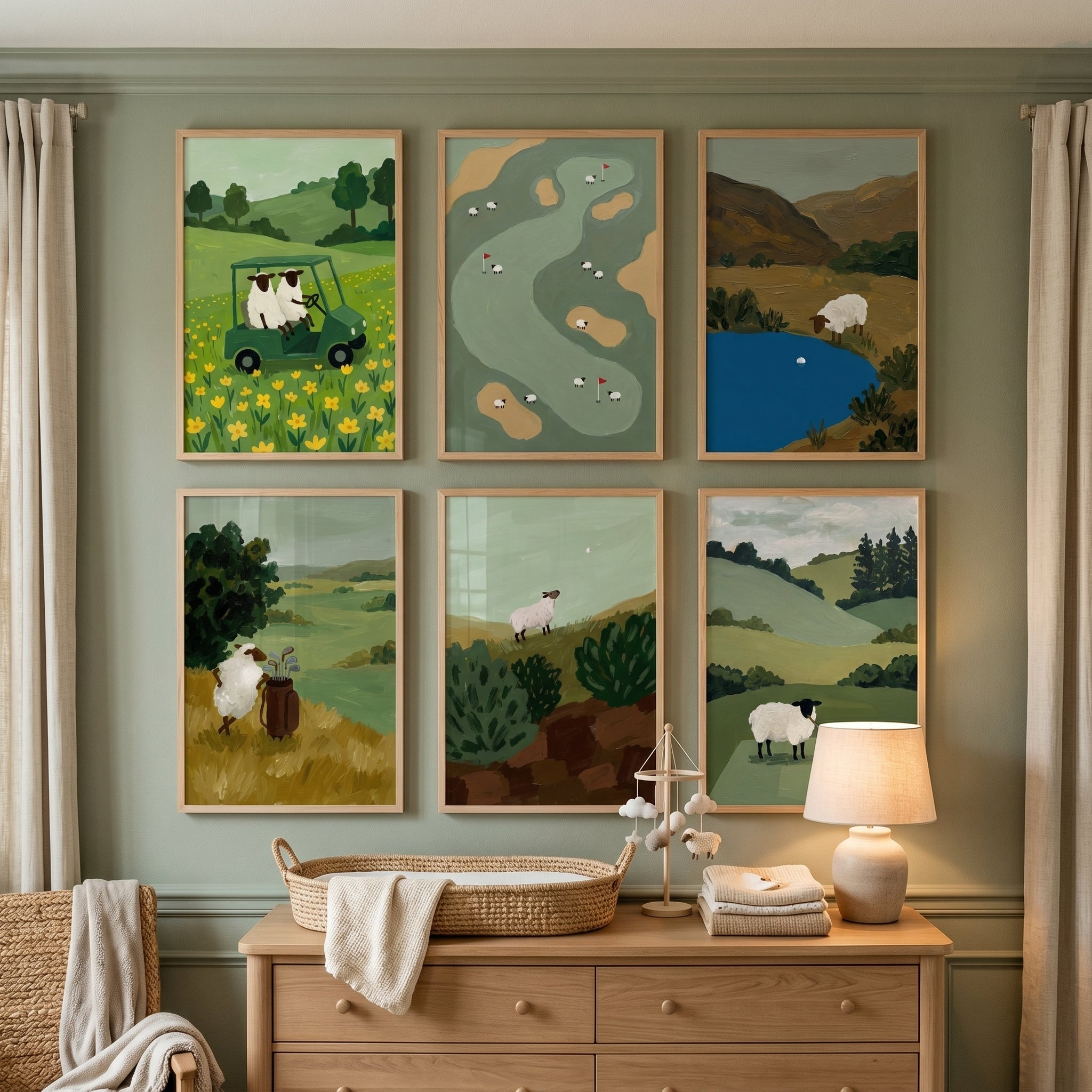 Whimsical Country Golfing Sheep Wall Art Set of 6 - Woolly Golf Adventures