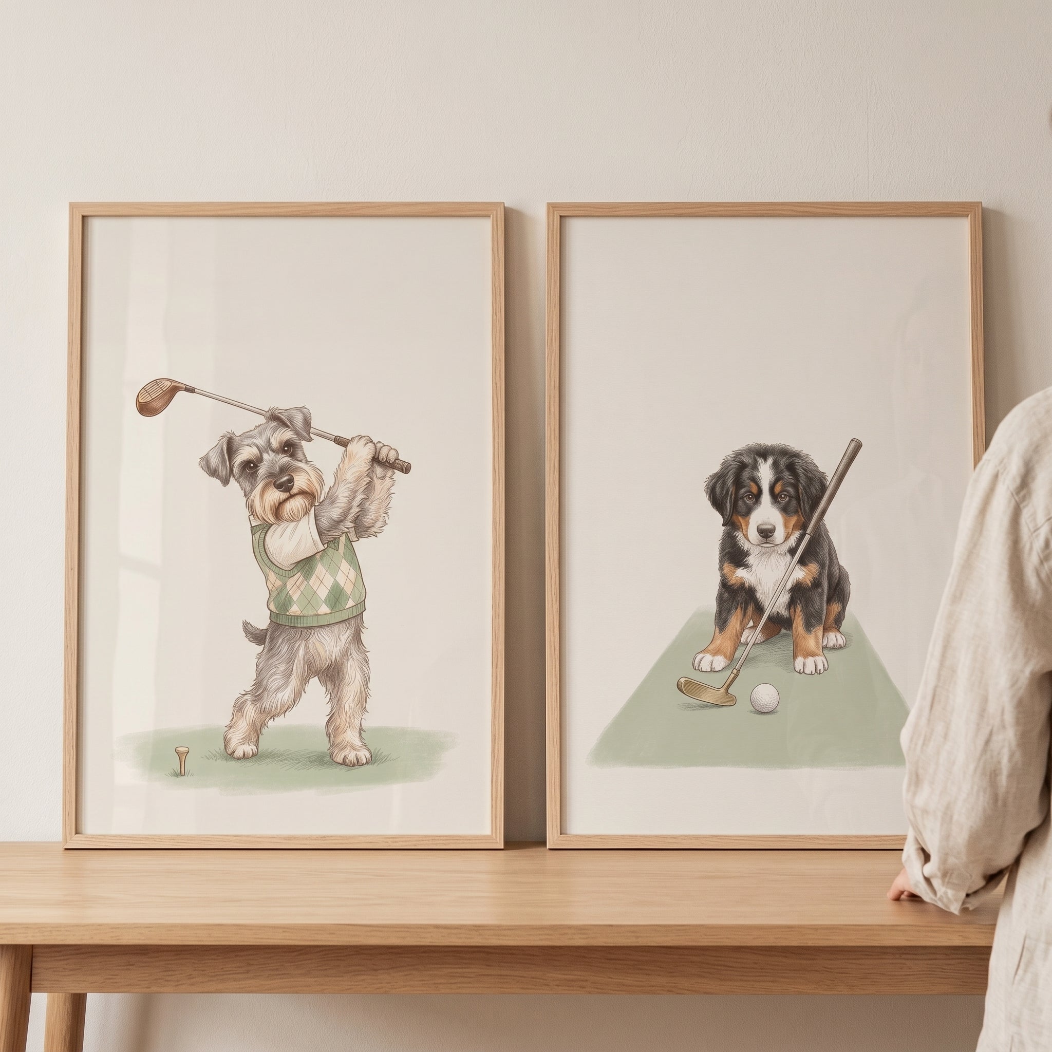Whimsical Cream Golfing Dogs Wall Art Set of 2 - Puppy Putter Pals