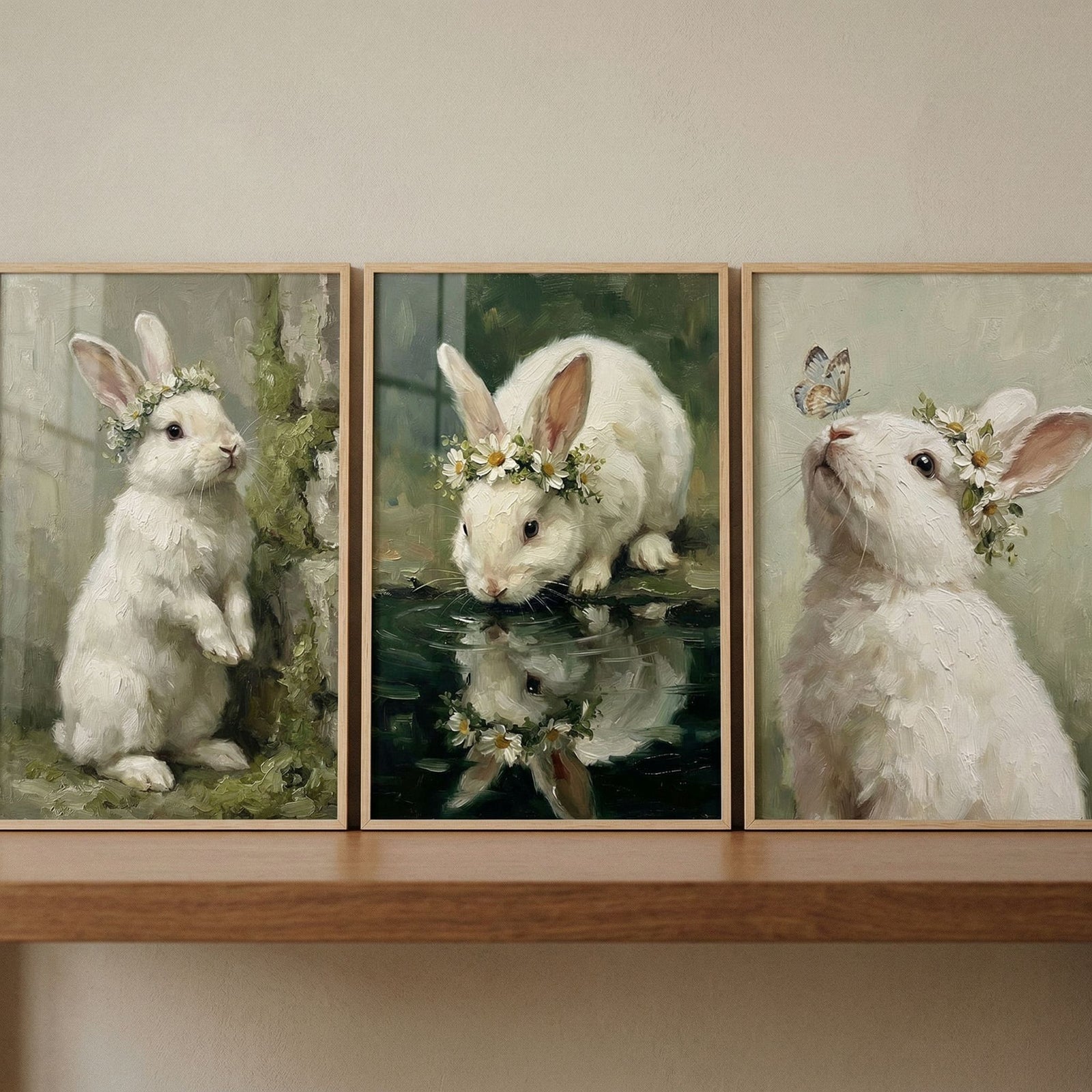 Whimsical daisy crown bunny wall art set of 3 on a shelf featuring white rabbits near moss, water, and a butterfly.