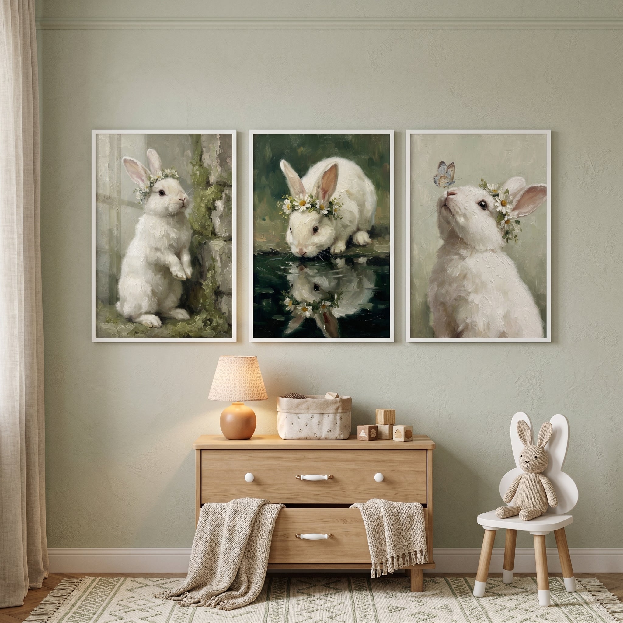 Whimsical daisy crown bunny wall art set of 3 above a dresser and bunny ear chair in a sage green nursery with a rug.