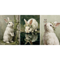 Whimsical daisy crown bunny wall art set of 3 shows a white rabbit by a mossy wall, at a pond, and with a butterfly.