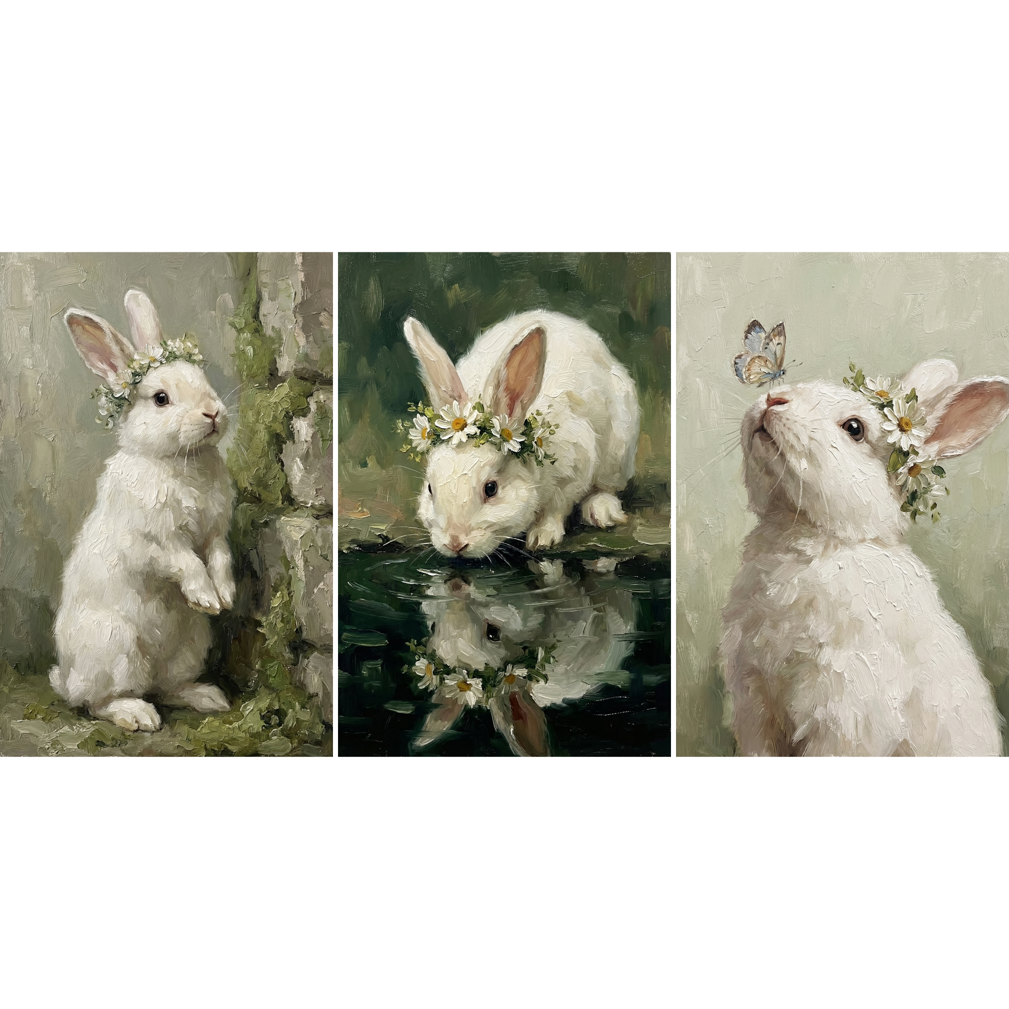 Whimsical Daisy Crown Bunny Wall Art Set of 3 - Floral Bunny Trio