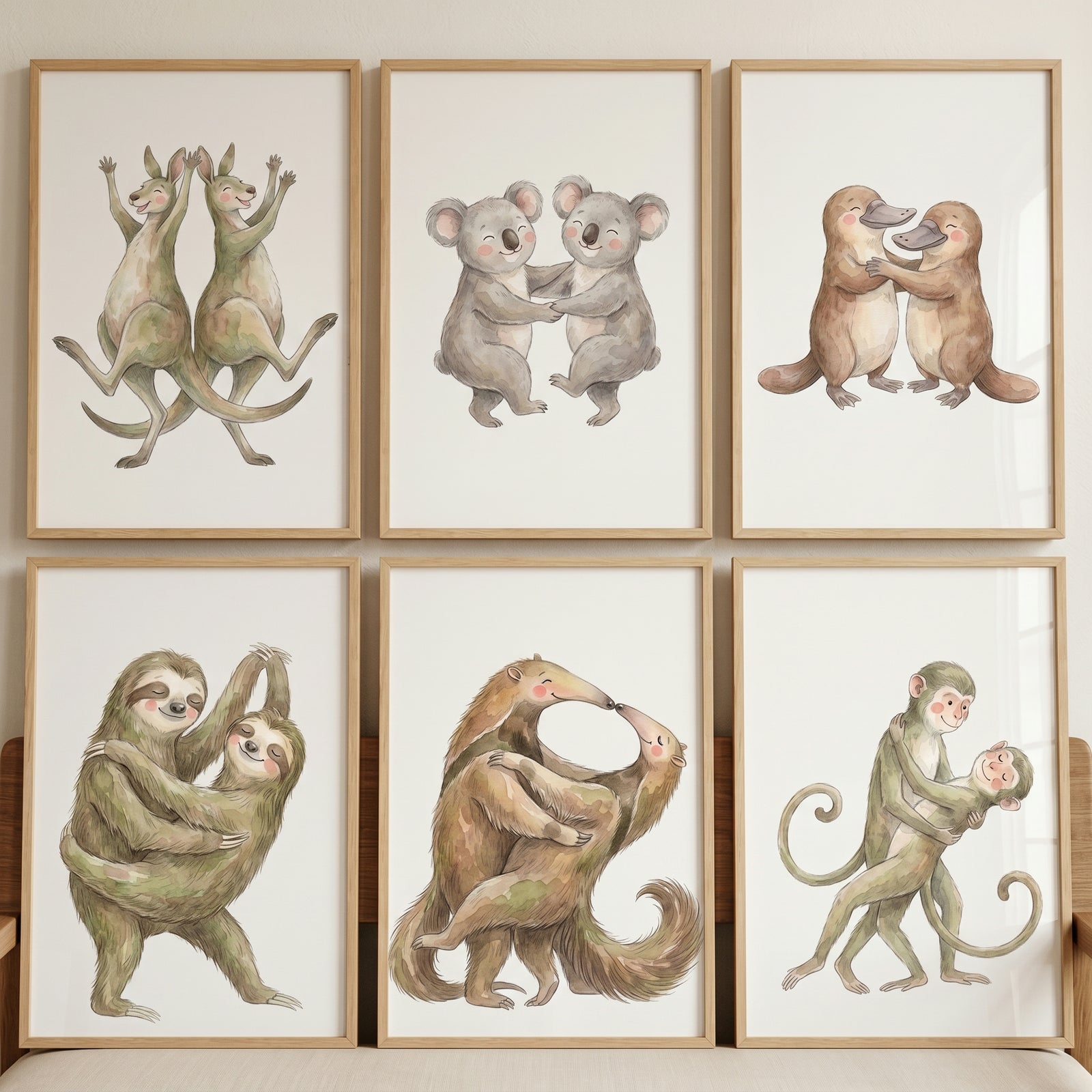 Whimsical dancing animal wall art set of 6 features pairs of kangaroos, koalas, platypuses, sloths, anteaters, and monkeys.