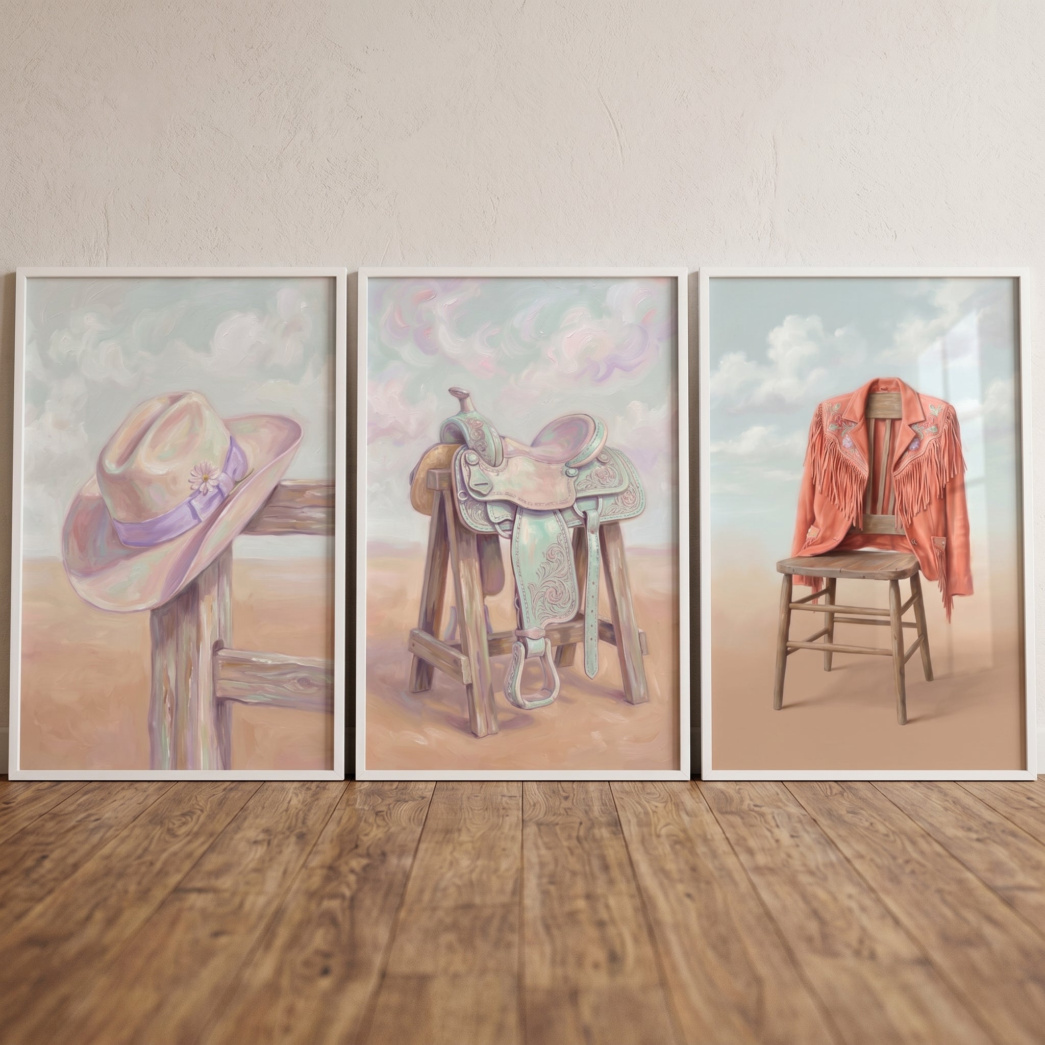 Whimsical Desert Cowgirl Gear Artwork Set of 3 - Pastel Cowgirl Dreams