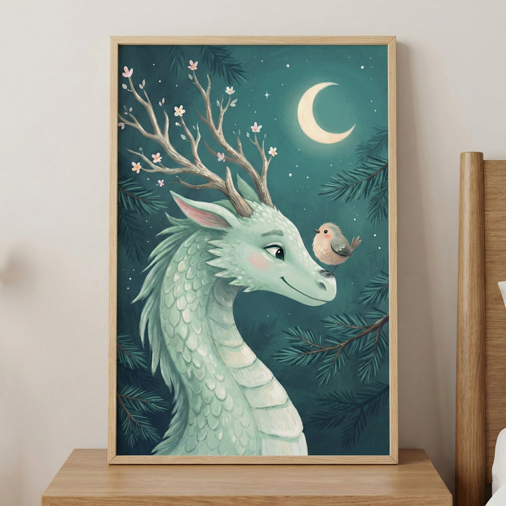 A vertical illustration features a gentle, mint-green dragon with scales and a long neck. Its antlers are uniquely styled like delicate tree branches blooming with small pink and white flowers. A small, round bird with a pale breast perches calmly on the dragon's snout. The scene is set against a dark teal night sky with a glowing crescent moon and twinkling stars, framed by deep green pine branches. The artwork is displayed in a light wood frame, resting on a wooden surface.