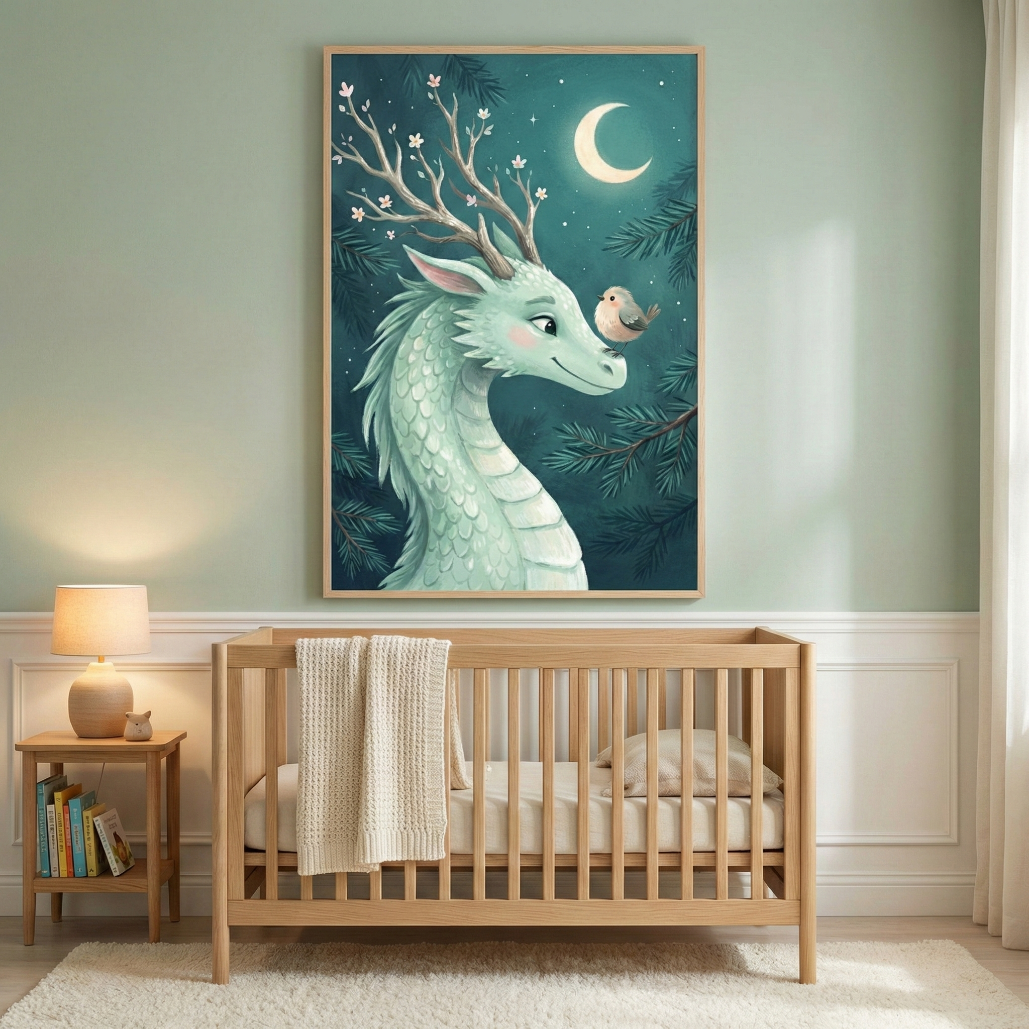A cozy nursery features a wooden crib against a pale green wall. Centered above the crib hangs a framed illustration of a gentle, light-green mythical creature with flowering antlers. In the nighttime scene, the creature gazes at a tiny bird under a crescent moon. Beside the crib, a small wooden side table holds a lamp and several books. A soft white rug covers the floor, and a cream-colored blanket is draped over the edge of the crib.