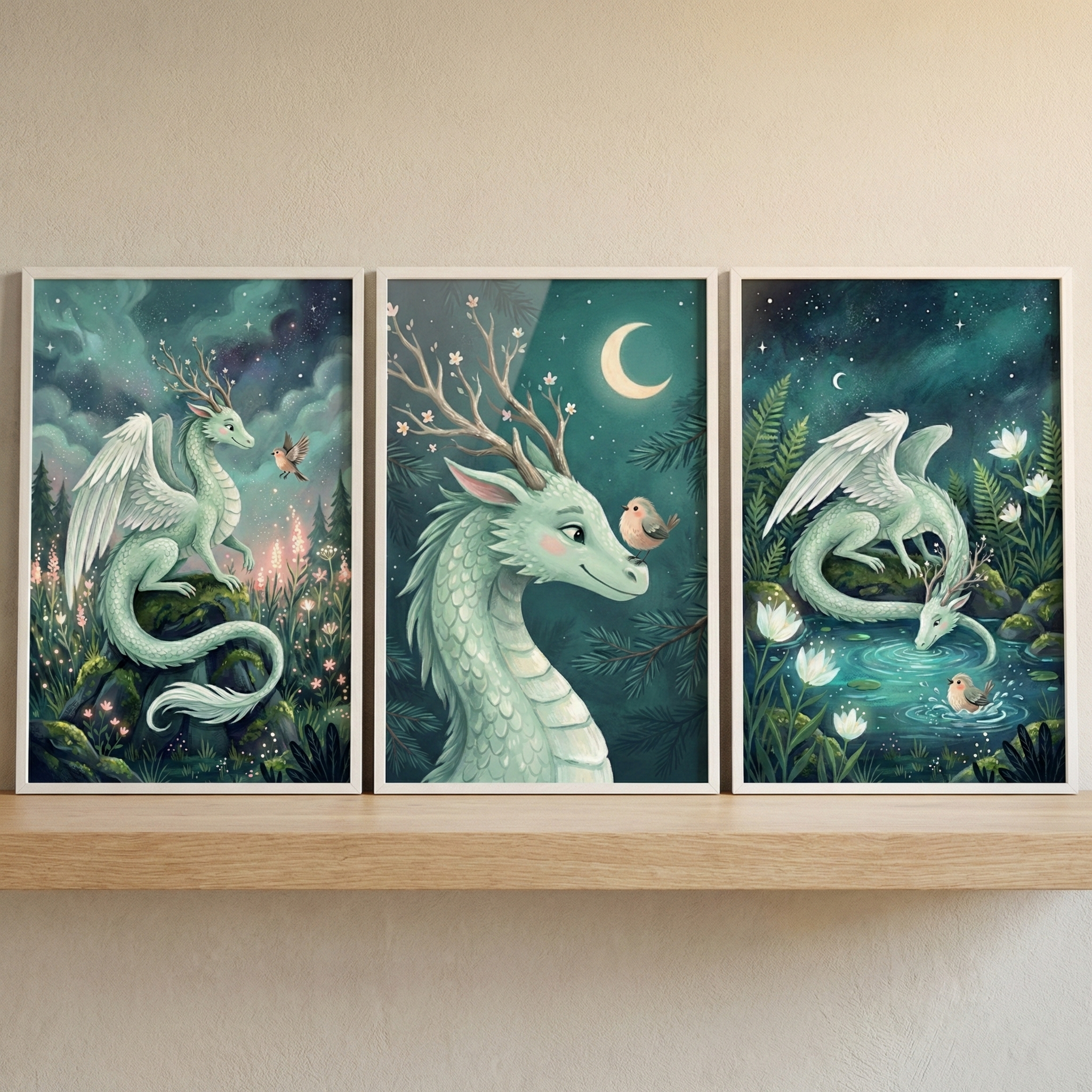 Three framed vertical illustrations rest on a wooden shelf, depicting a whimsical, slender, light-green dragon with white feathery wings and flowering antlers. In the left scene, the dragon sits in a flowery meadow under a starry sky. The center image is a close-up of the dragon's face looking at a small bird beneath a crescent moon. The right scene shows the dragon drinking from a pond in a lush, starry forest. The overall color palette features soft teals, greens, and dark blues.