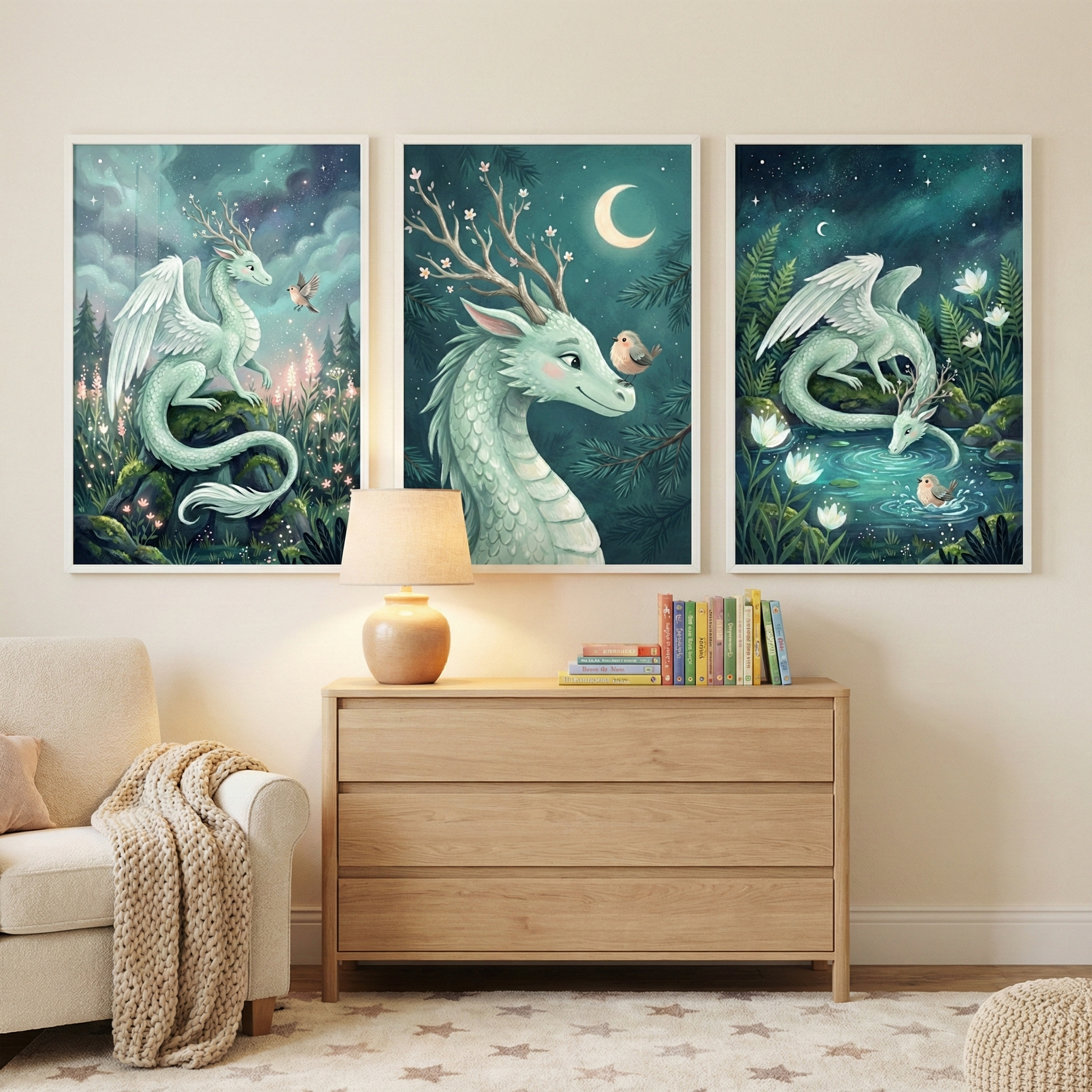 A cozy room interior features a trio of framed vertical illustrations on a soft beige wall. Each piece depicts a gentle, pale green winged creature with deer-like antlers in a whimsical forest setting under a moonlit sky. Below the art, a light wood three-drawer dresser holds a warm lamp and a row of colorful books. To the left, a plush cream-colored armchair is draped with a textured knit blanket. A light-colored rug with star patterns completes the inviting space.