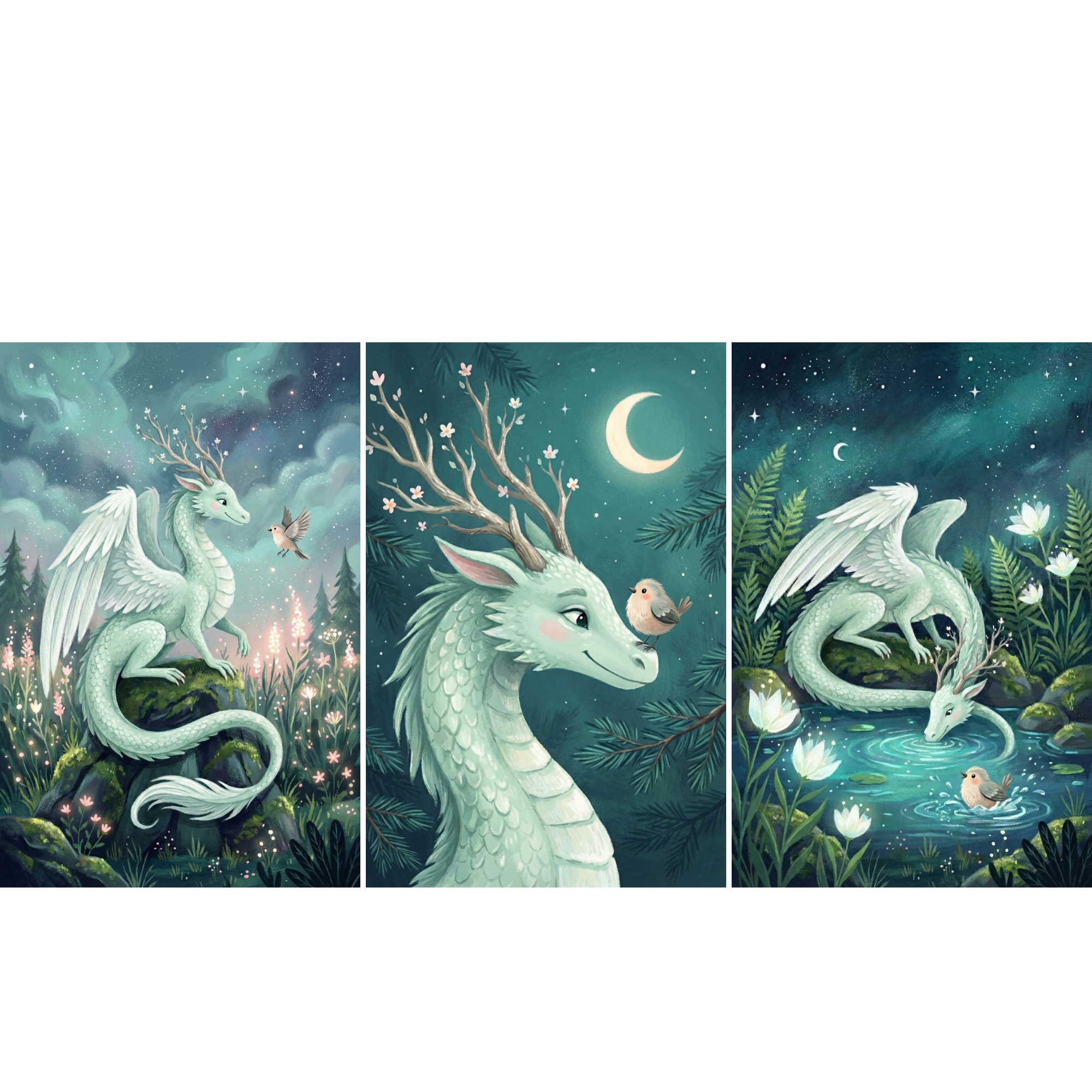 Three whimsical fantasy illustrations of a soft mint green dragon with white wings under a star filled night sky. One scene shows the dragon perched on a mossy rock surrounded by glowing flowers as it greets a small bird, another captures a close portrait with a crescent moon and blossoms nestled in its antler like horns, and the third depicts the dragon curled beside a pond with white lilies while a bird splashes in the water. 