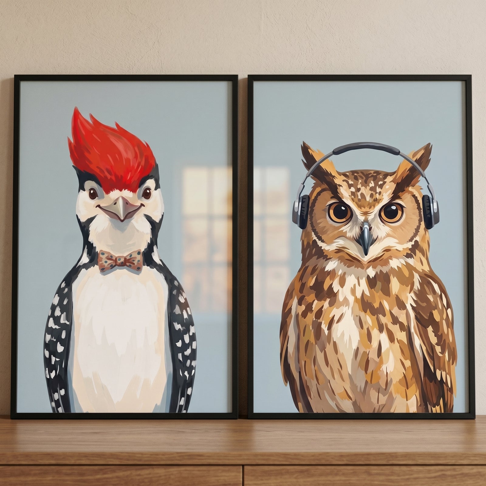 Whimsical dressed bird wall art set of 2 features a woodpecker in a bow tie and an owl wearing over-ear headphones.