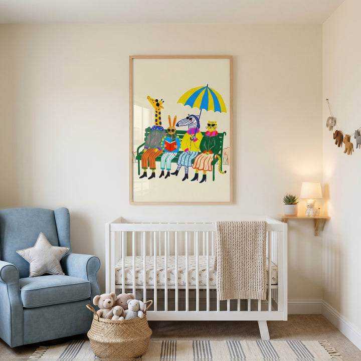 Nursery featuring a white crib, blue armchair, and whimsical dressed safari animals wall art above it.