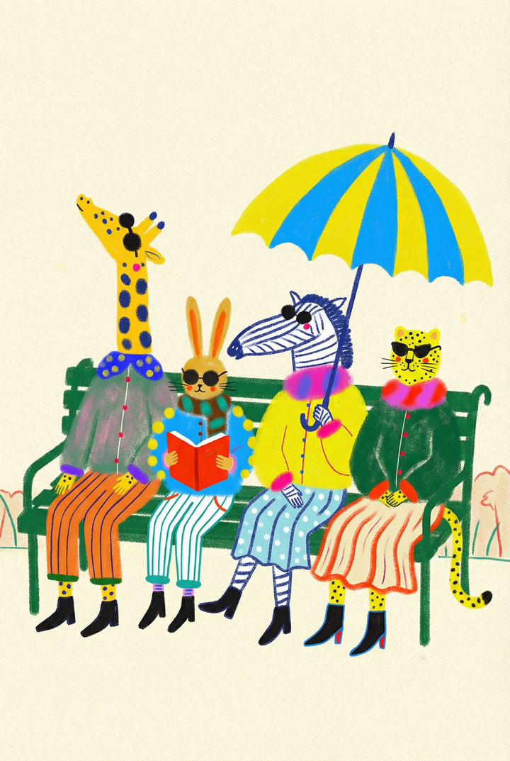 Whimsical dressed safari animals wall art of a giraffe, rabbit, zebra, and leopard wearing sunglasses on a park bench.