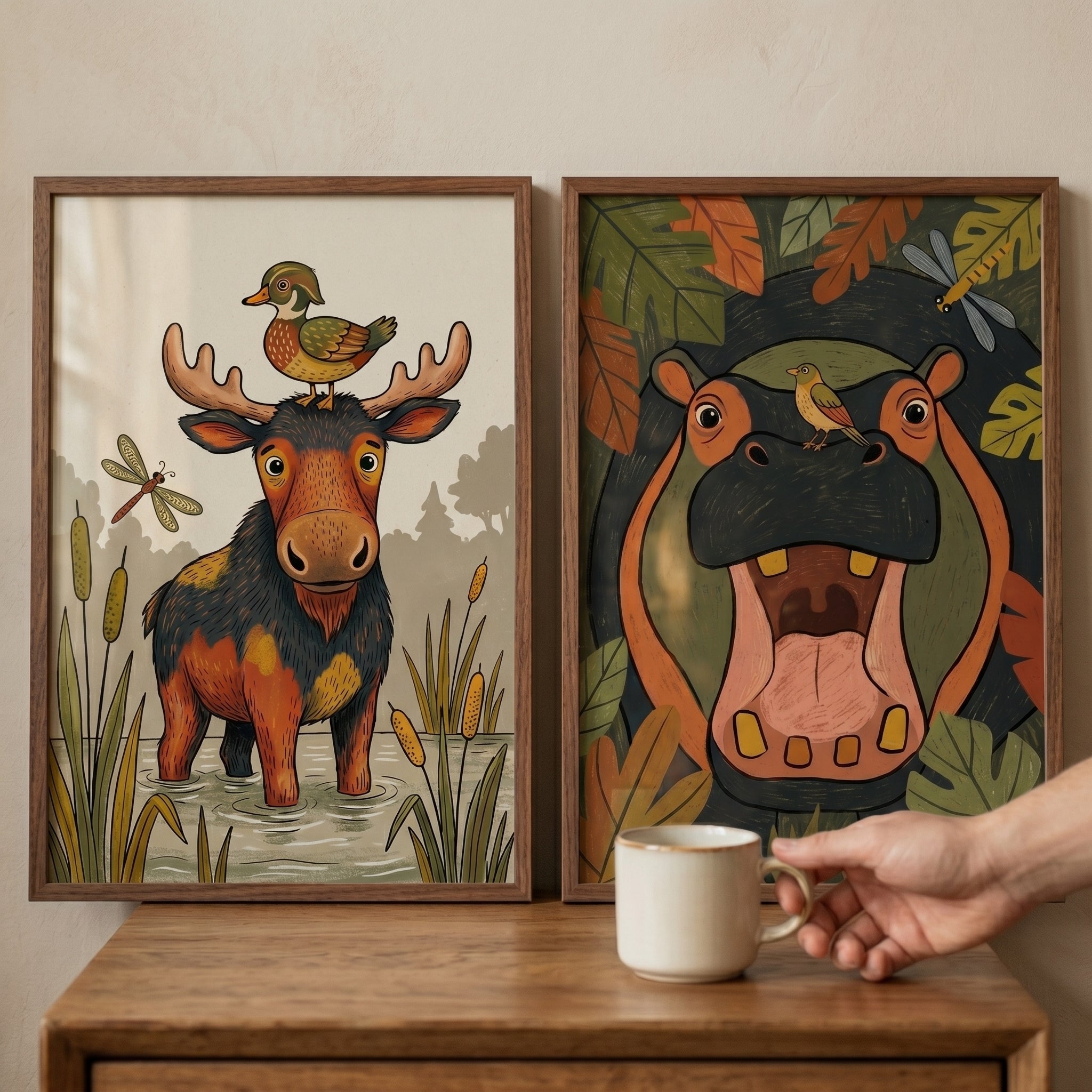 Whimsical Earthy Nature Animals Wall Art Set Of 2 - Whimsical Wild Friends