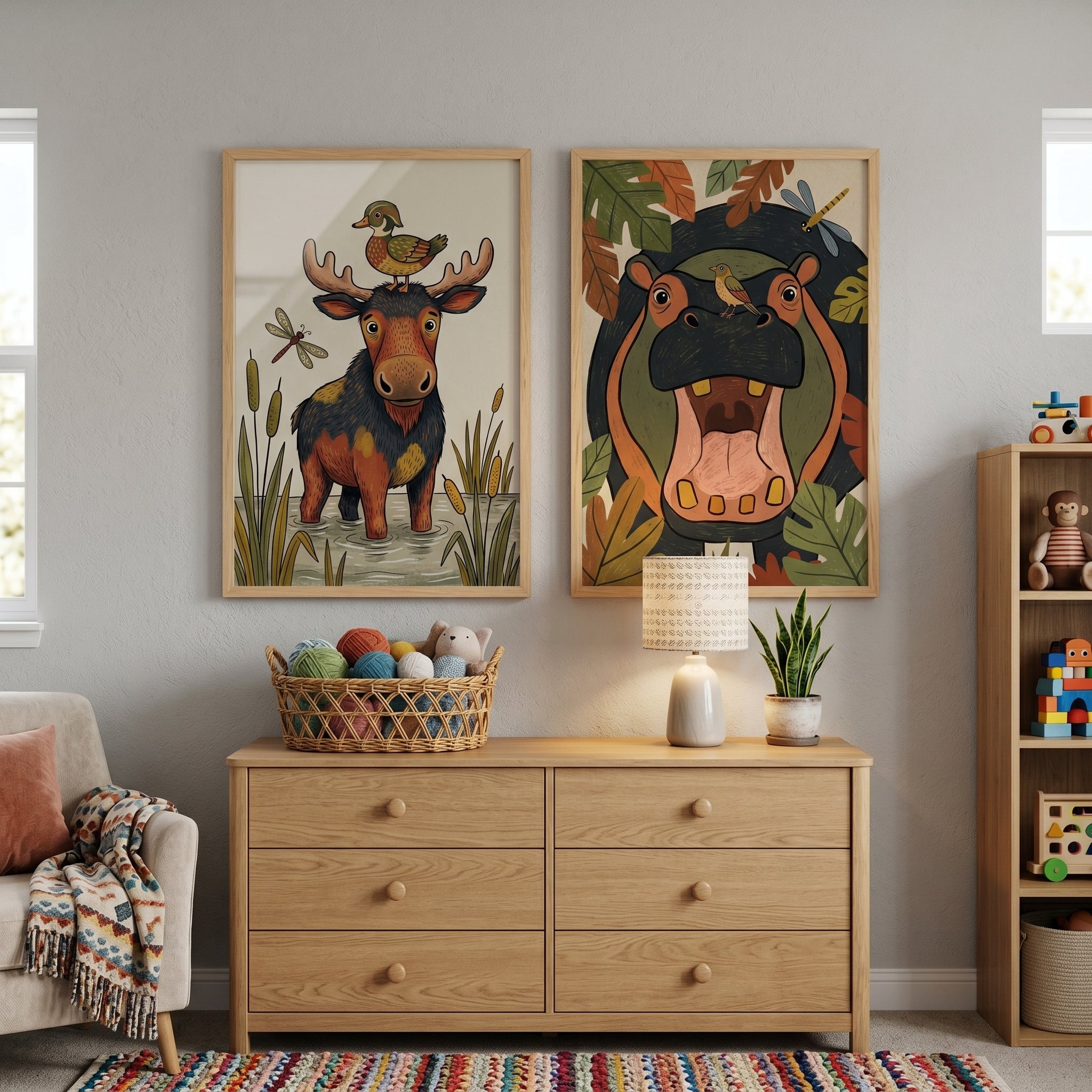 Whimsical Earthy Nature Animals Wall Art Set Of 2 - Whimsical Wild Friends