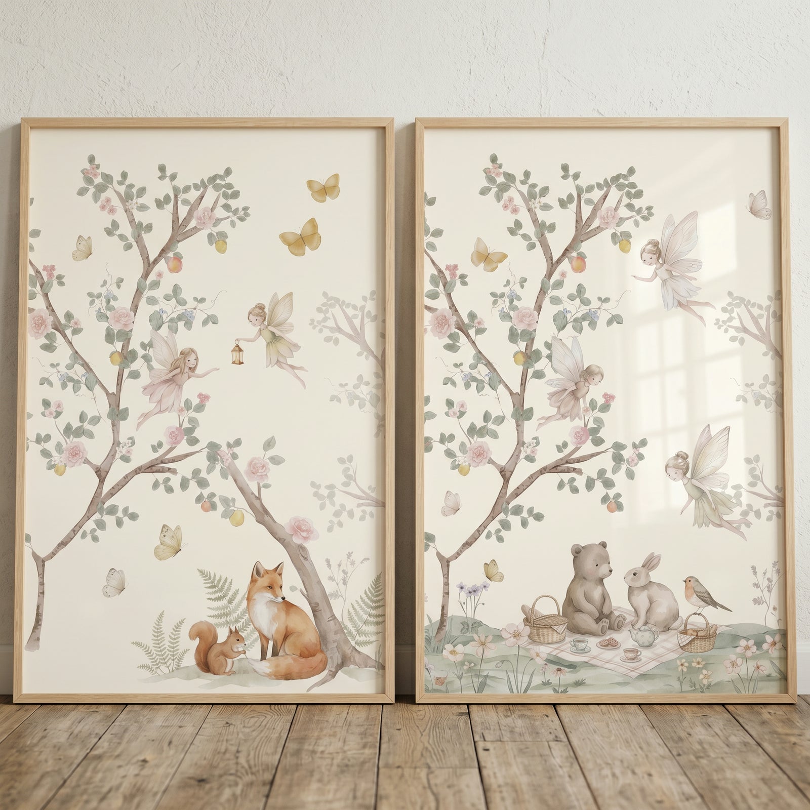 Whimsical enchanted forest fairies wall art set of 2 featuring watercolor trees, forest animals, and a picnic.