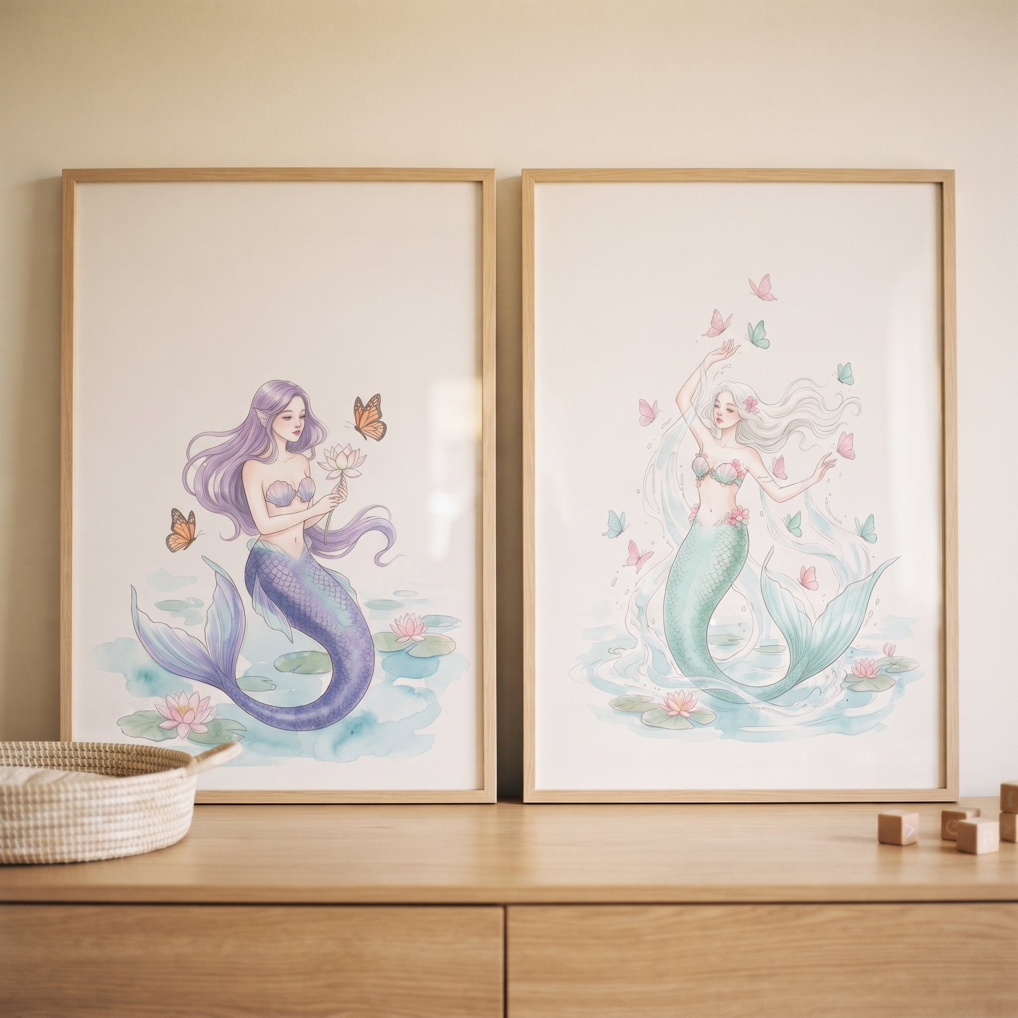 Whimsical Ethereal Fantasy Mermaid Artwork Set of 2 - Pastel Mermaid Duo