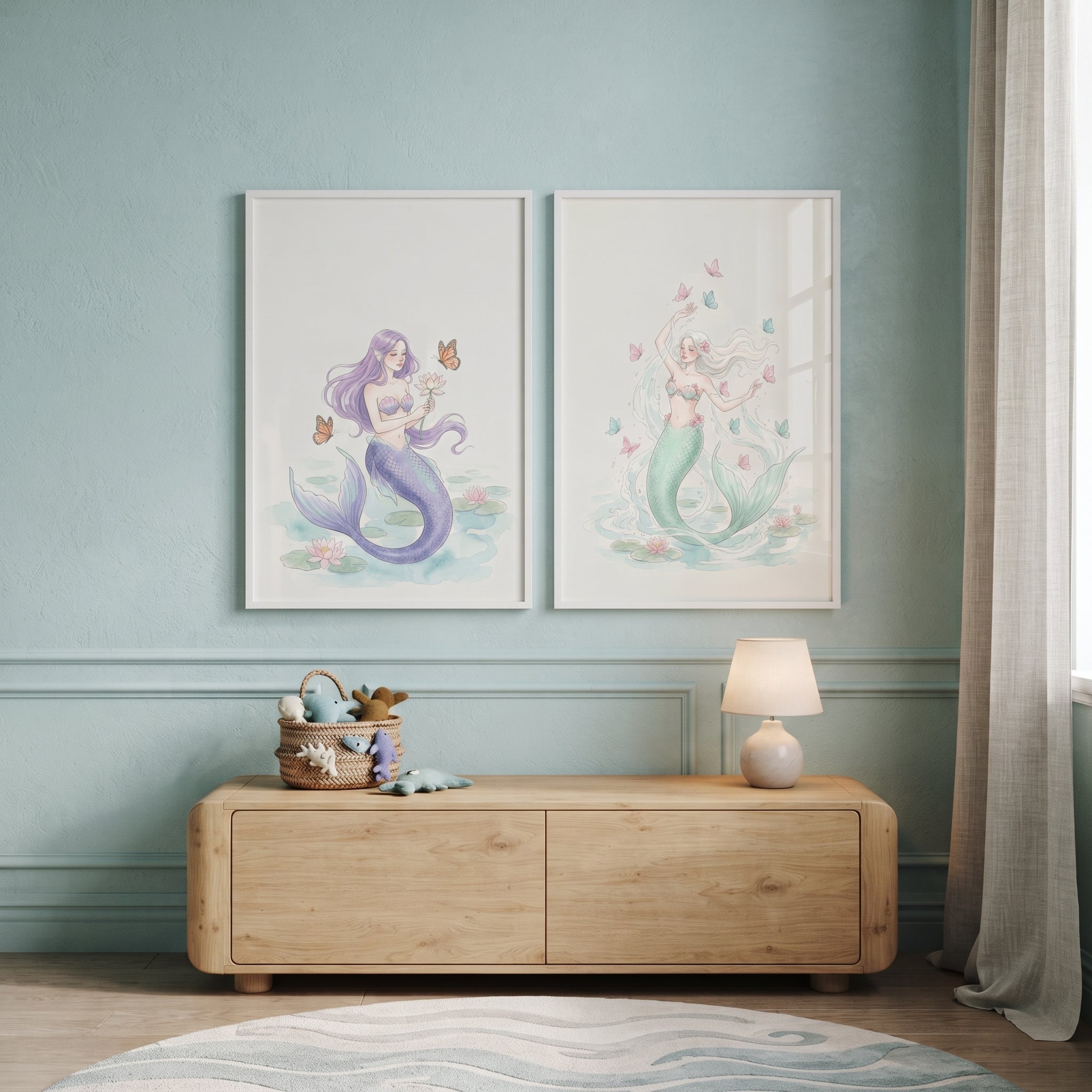 Whimsical Ethereal Fantasy Mermaid Artwork Set of 2 - Pastel Mermaid Duo