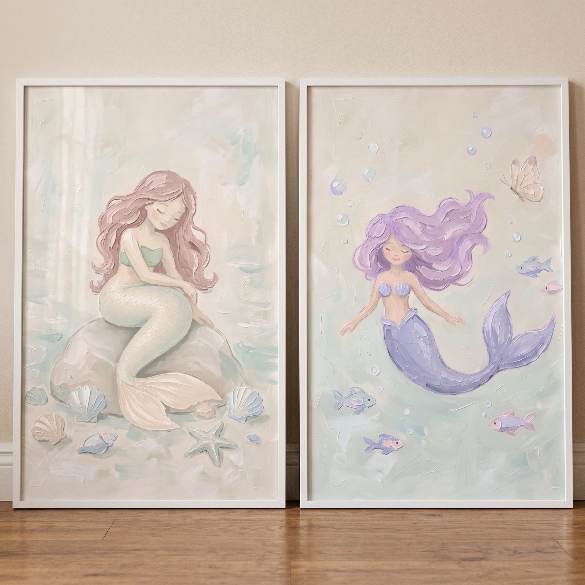 Whimsical Ethereal Ocean Mermaid Wall Art Set of 2 - Pastel Ocean Sisters