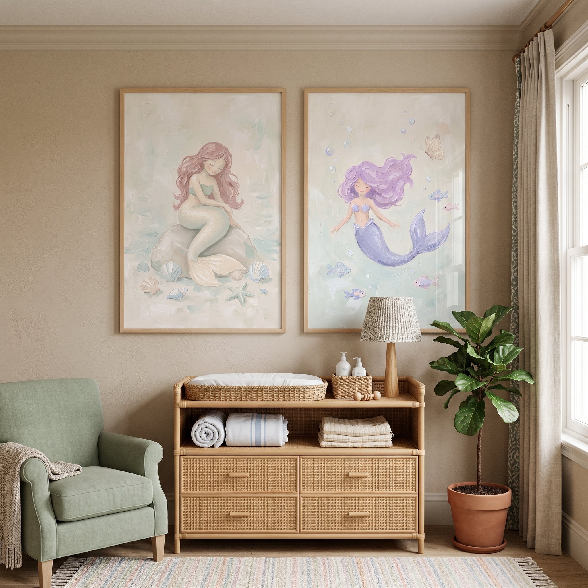 Whimsical Ethereal Ocean Mermaid Wall Art Set of 2 - Pastel Ocean Sisters