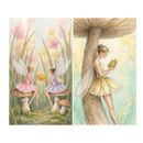 Soft watercolor diptych of fairies in a dreamy garden. The left panel shows two winged fairies in pink and lavender petal dresses sitting on mushrooms and sharing a dripping honeycomb among tall grass and blurred pastel flowers. The right panel shows a fairy in a pale yellow petal dress leaning against the stem of a giant mushroom while reading a small gold book.
