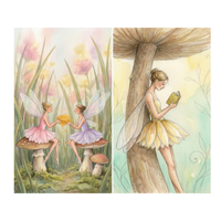 Soft watercolor diptych of fairies in a dreamy garden. The left panel shows two winged fairies in pink and lavender petal dresses sitting on mushrooms and sharing a dripping honeycomb among tall grass and blurred pastel flowers. The right panel shows a fairy in a pale yellow petal dress leaning against the stem of a giant mushroom while reading a small gold book.
