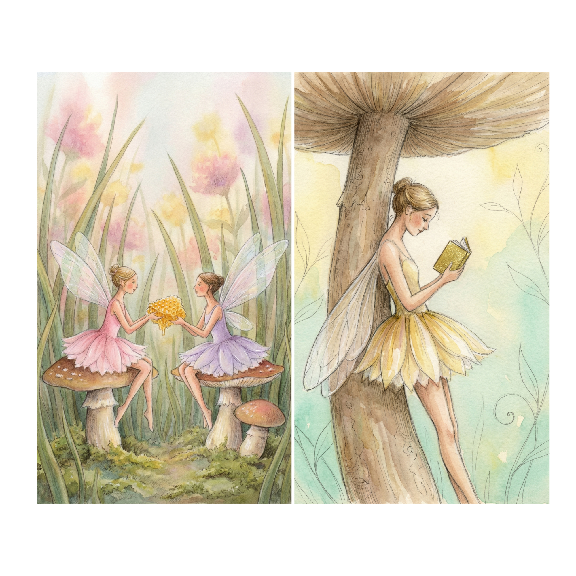 Soft watercolor diptych of fairies in a dreamy garden. The left panel shows two winged fairies in pink and lavender petal dresses sitting on mushrooms and sharing a dripping honeycomb among tall grass and blurred pastel flowers. The right panel shows a fairy in a pale yellow petal dress leaning against the stem of a giant mushroom while reading a small gold book.
