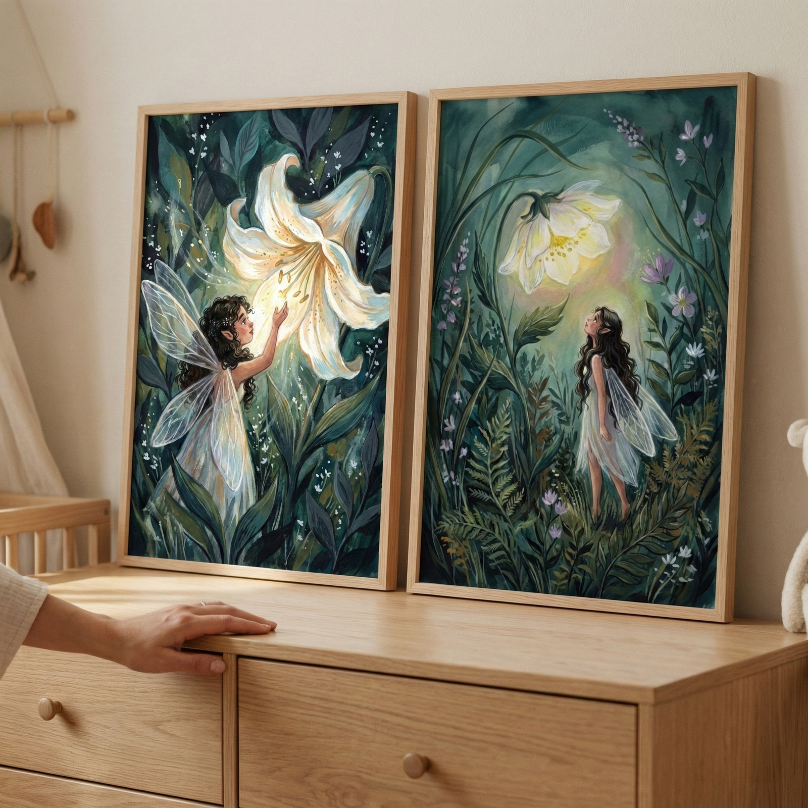 Two framed artworks sit atop a light-wood dresser in a sunlit room. Both pieces feature whimsical, dark-haired fairies with iridescent, translucent wings in lush forest settings. In the left image, a fairy in a white dress reaches toward a large, glowing cream-colored lily. In the right image, a fairy gazes up at a luminous white flower. The backgrounds are filled with deep green foliage, ferns, and tiny purple blooms. A person's hand rests on the edge of the wooden surface.