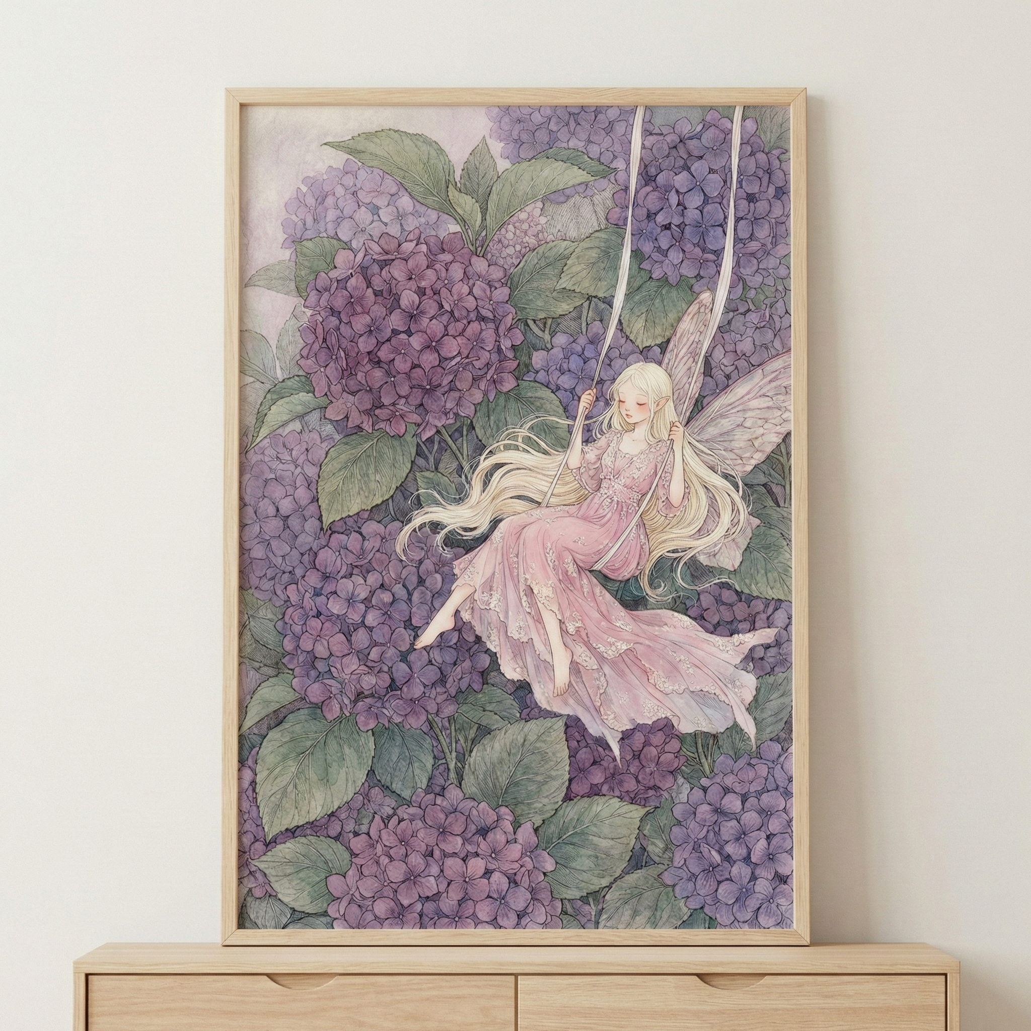 Whimsical Fairy Artwork - Hydrangea Fairy Swing