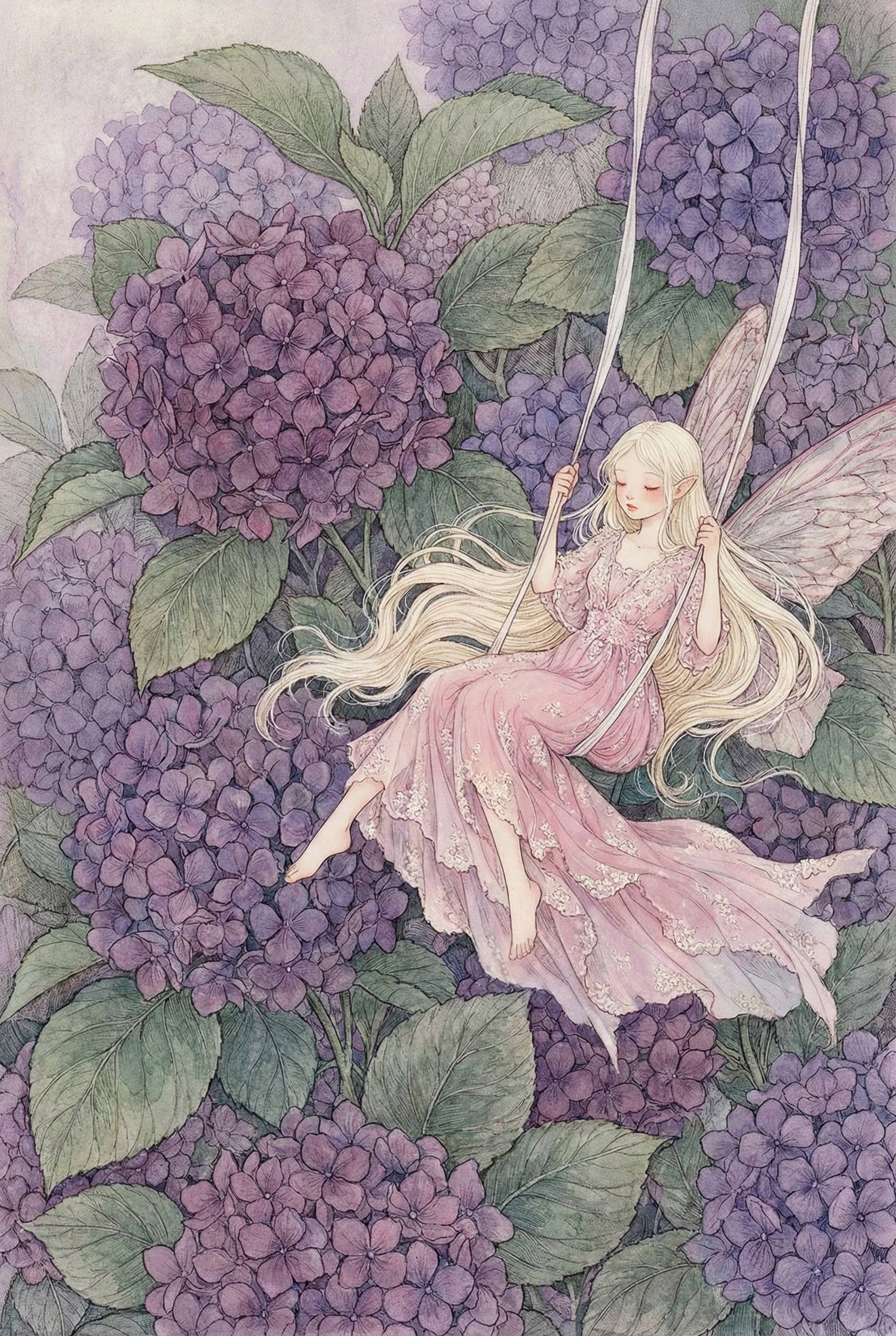 Whimsical Fairy Artwork - Hydrangea Fairy Swing