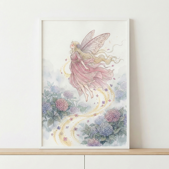 A delicate watercolor illustration of a serene fairy with long, wavy blonde hair and large, translucent wings. She wears a flowing, tiered pink dress and floats gracefully above a garden of hydrangea flowers in soft shades of lavender, blue, and pink. A sparkling golden trail curves beneath her, with light petals drifting in the misty air. The artwork features soft pastel colors and fine lines, presented in a simple white frame resting on a light wooden surface against a white wall.
